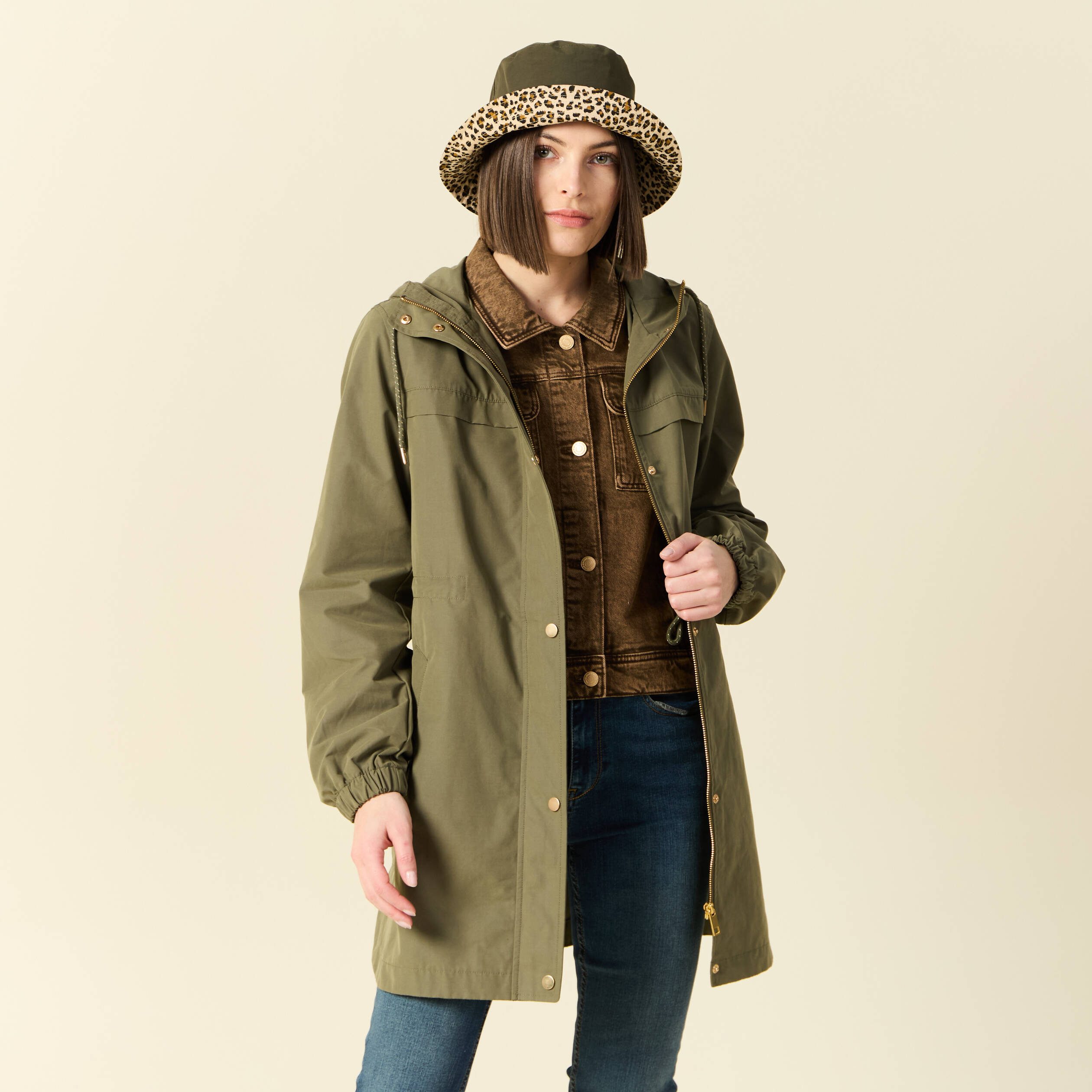 Parka longue &agrave; capuche vert kaki femme
