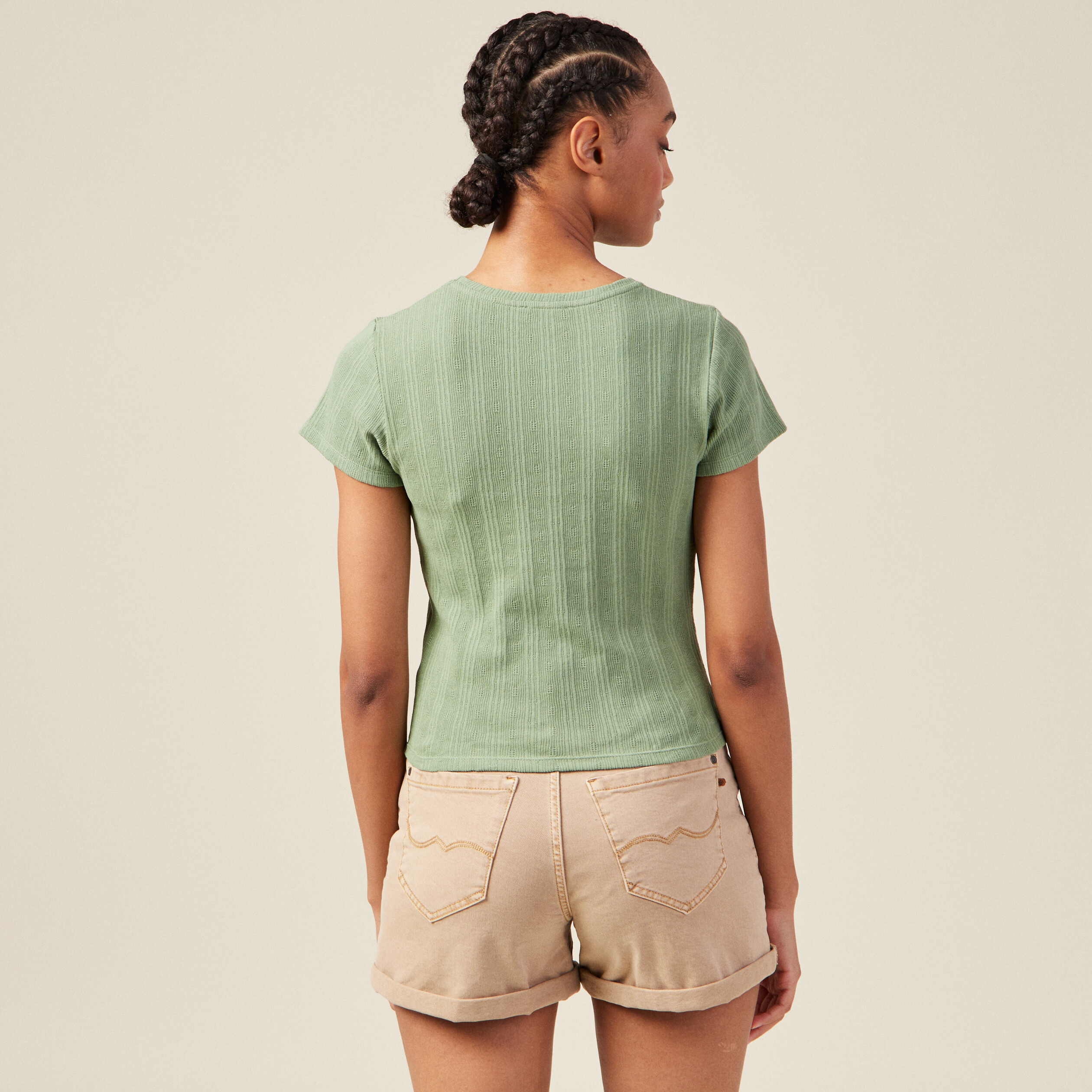 Crop top manches courtes vert kaki femme