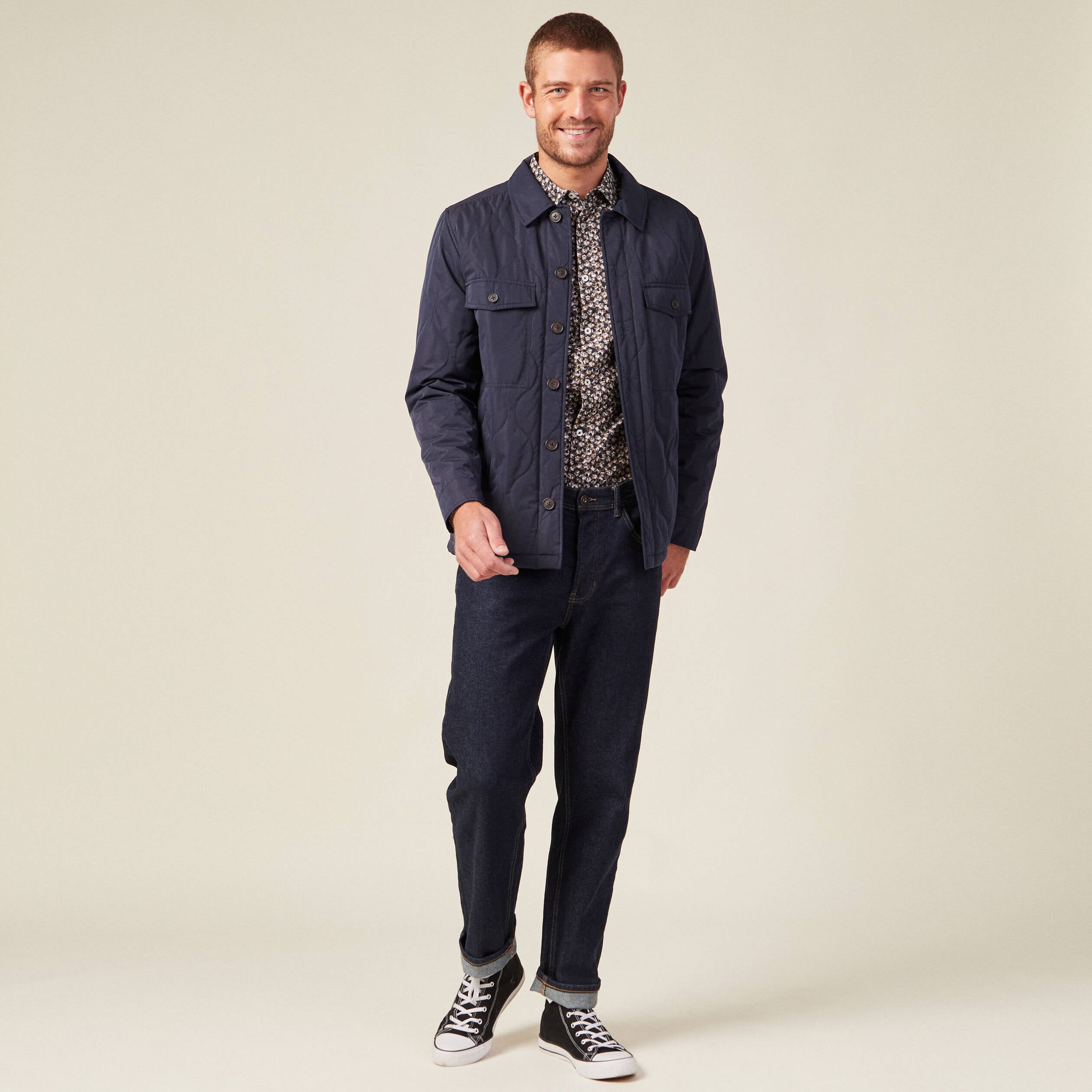 Chemise cintr&eacute;e en coton manches longues bleu marine homme