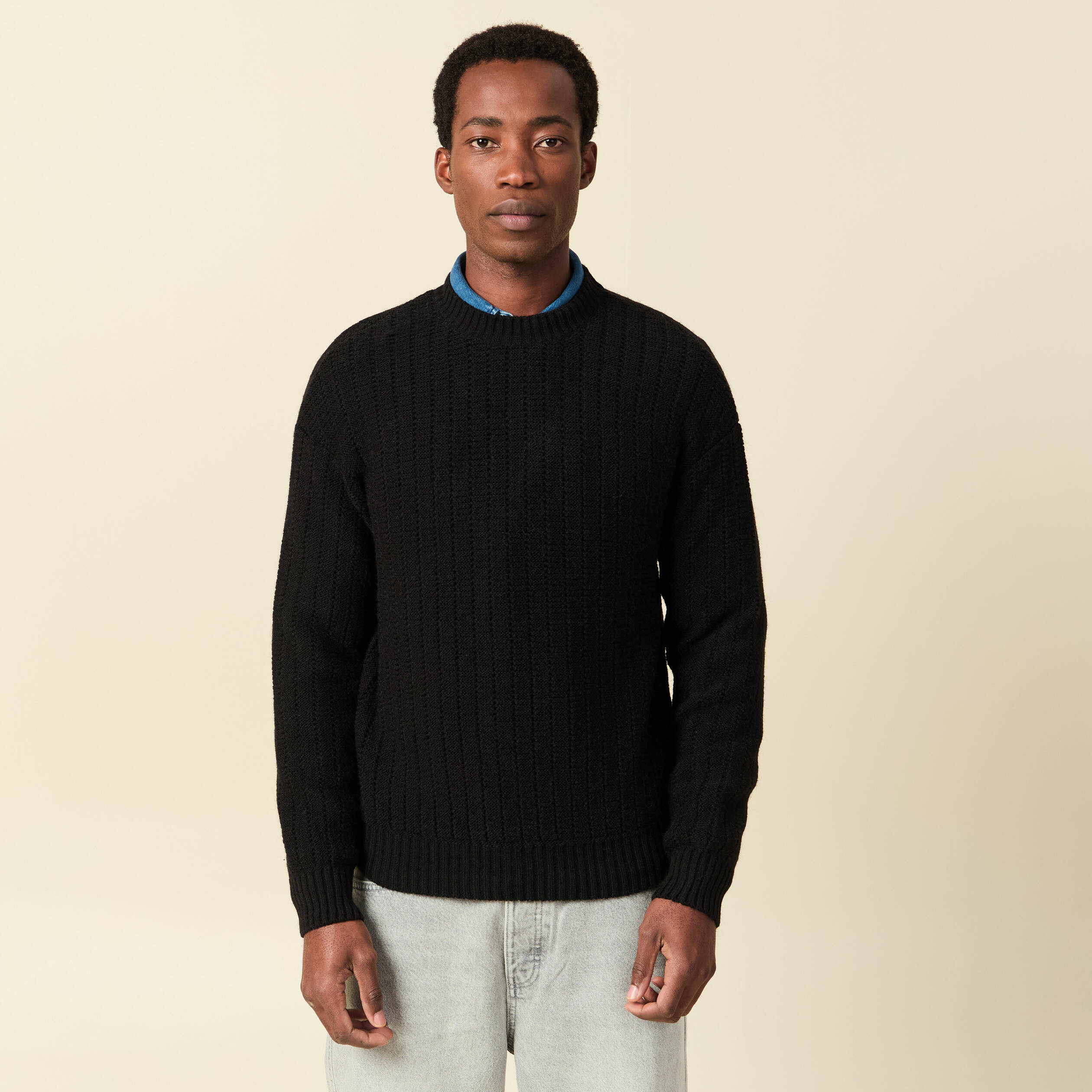 Pull manches longues col rond noir homme