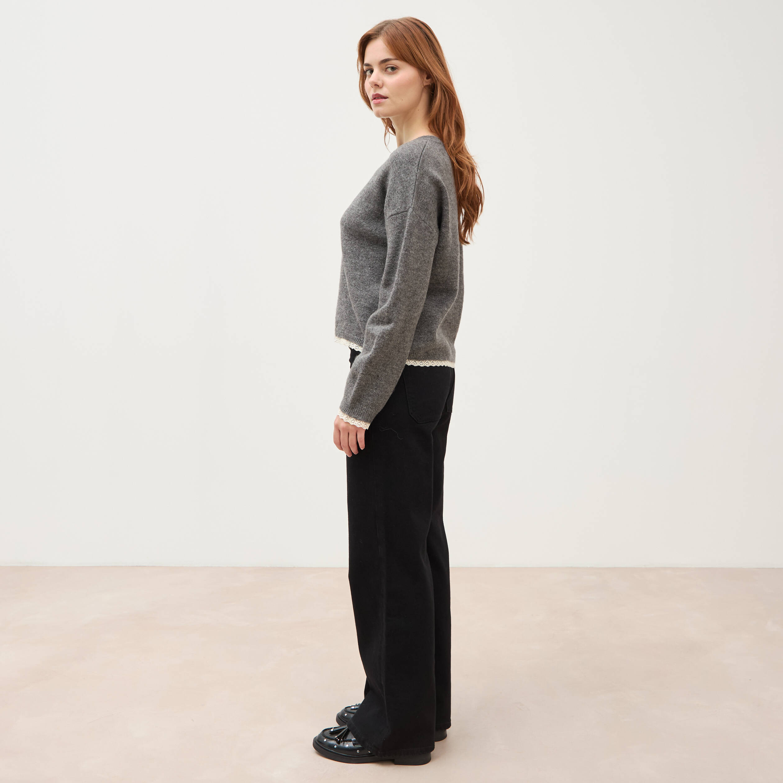 Gilet manches longues col rond gris femme