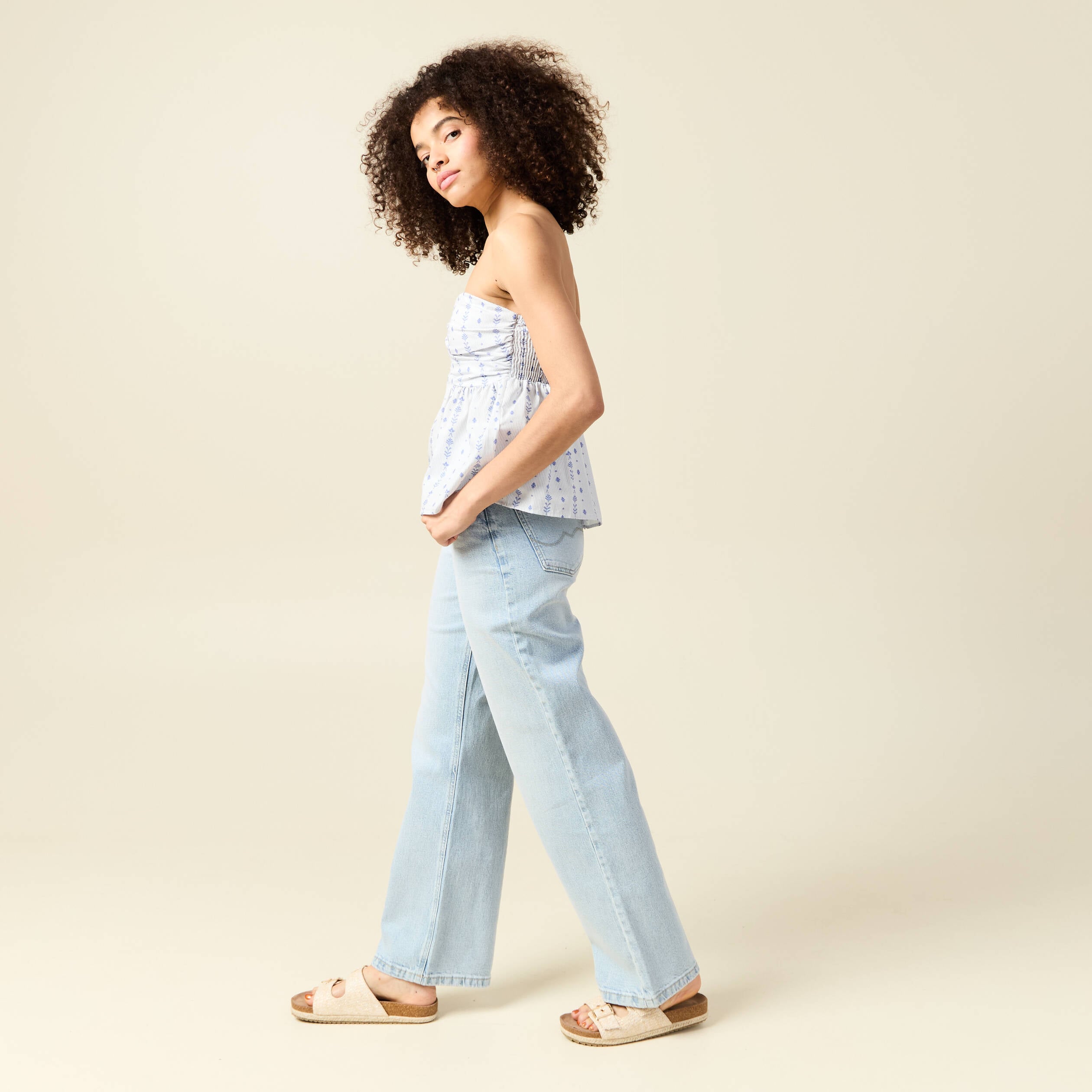 Top col droit &agrave; bretelles en coton bleu clair femme
