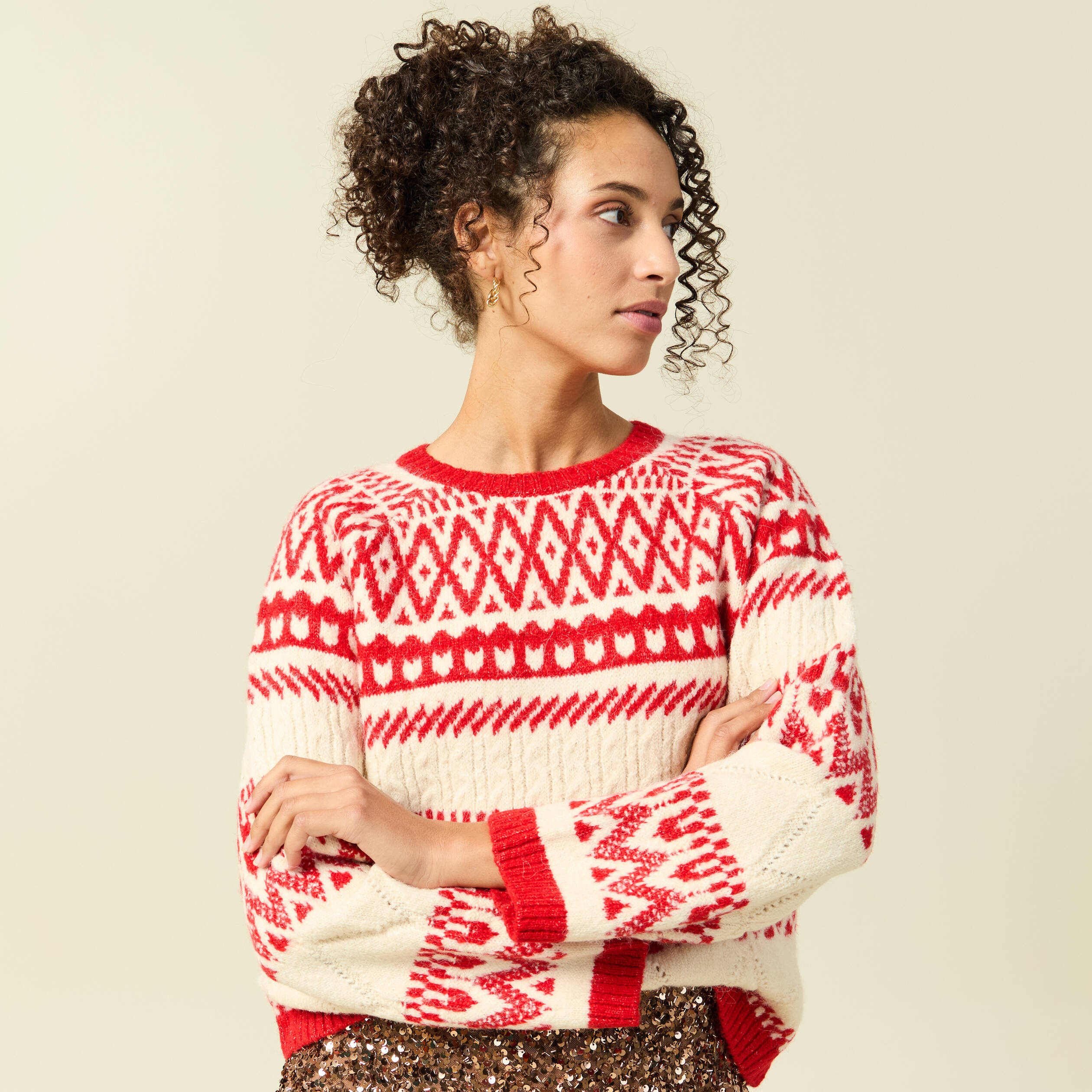 Pull manches longues col rond rouge femme