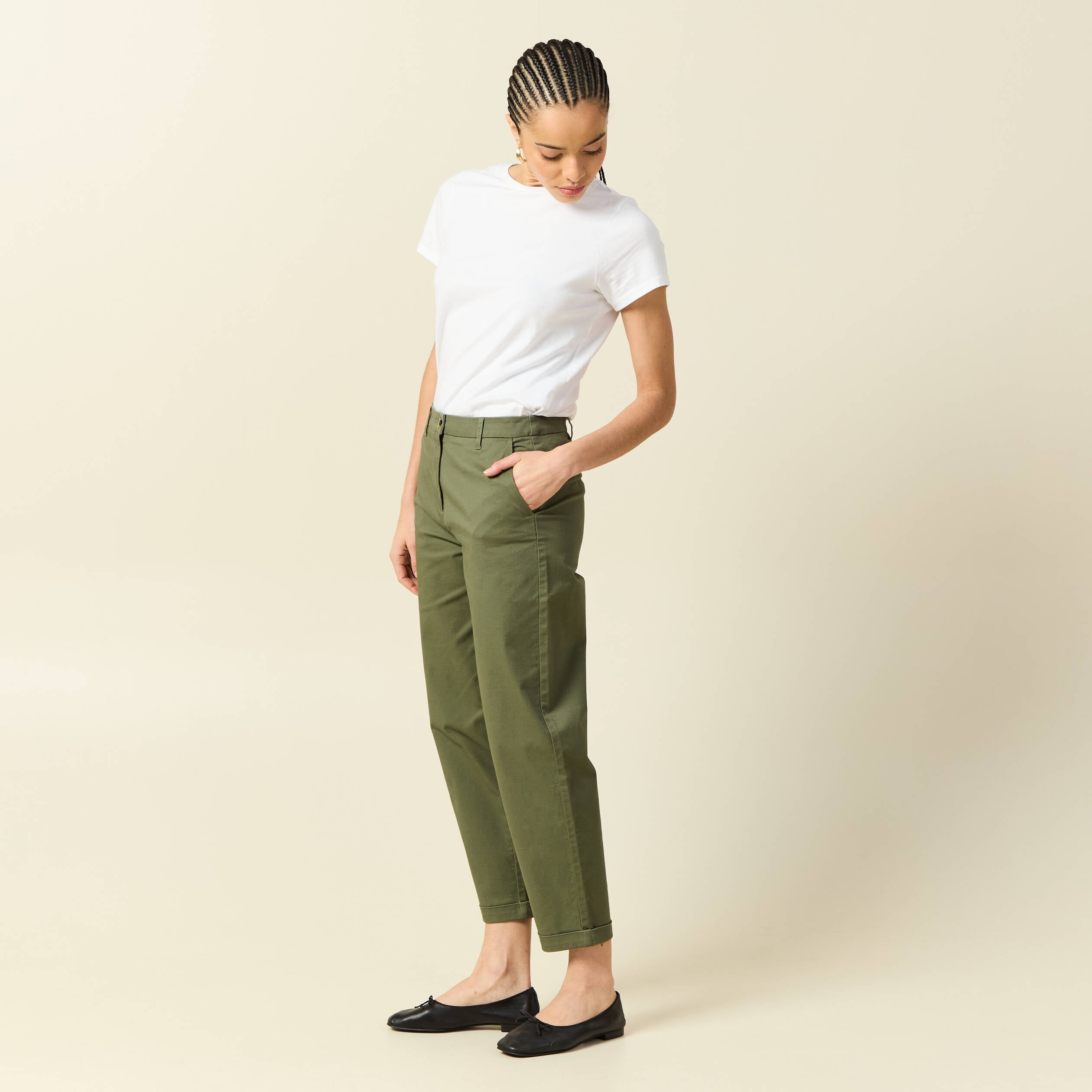 Pantalon taille haute fluide vert kaki femme