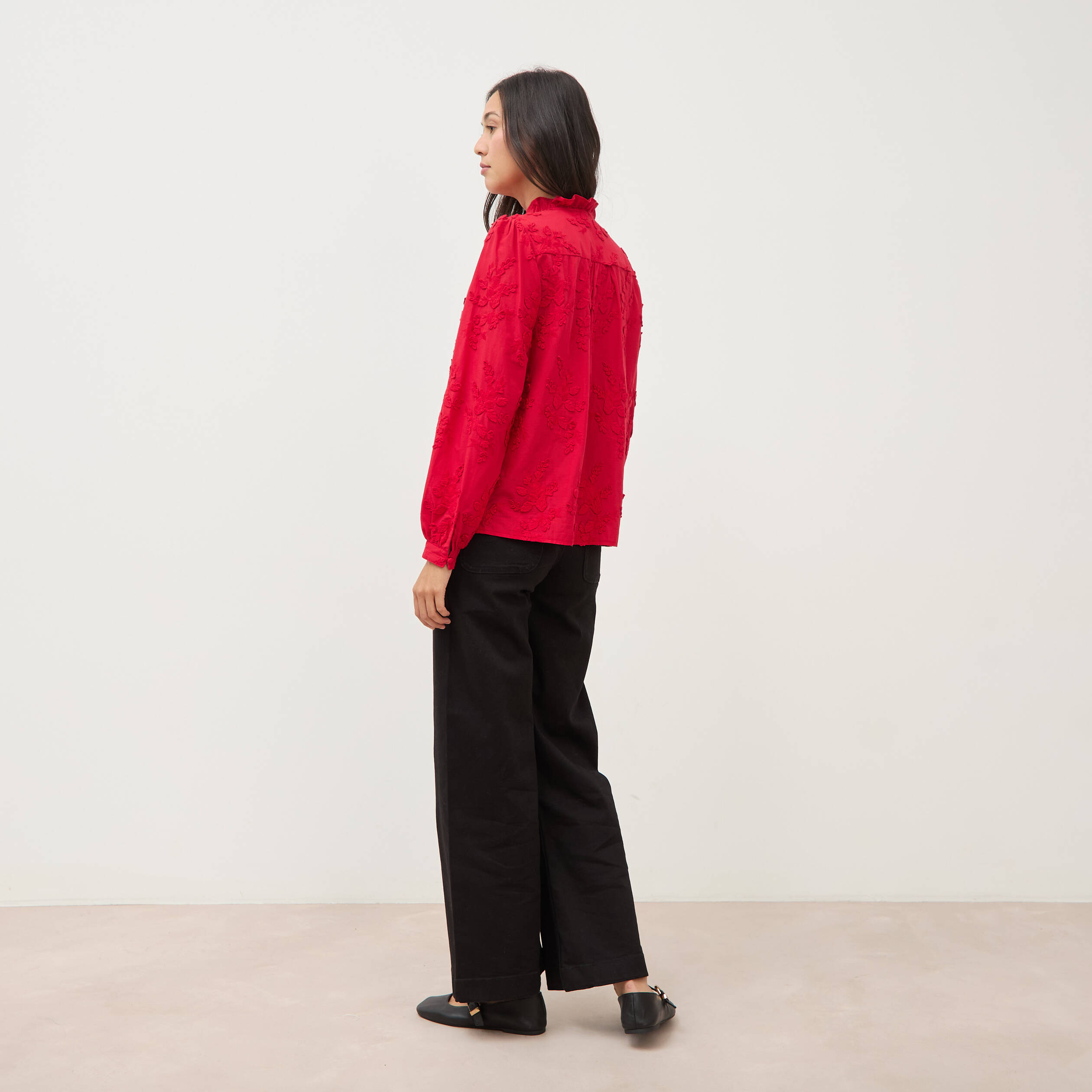 Chemise en coton manches longues rouge fonc&eacute; femme