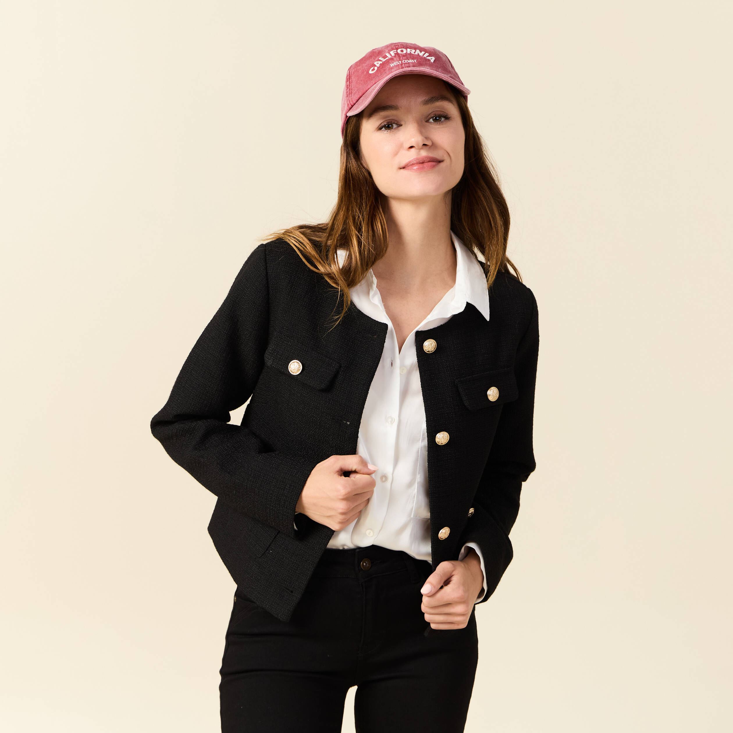 Veste tweed boutonn?�e noir femme | Vibs