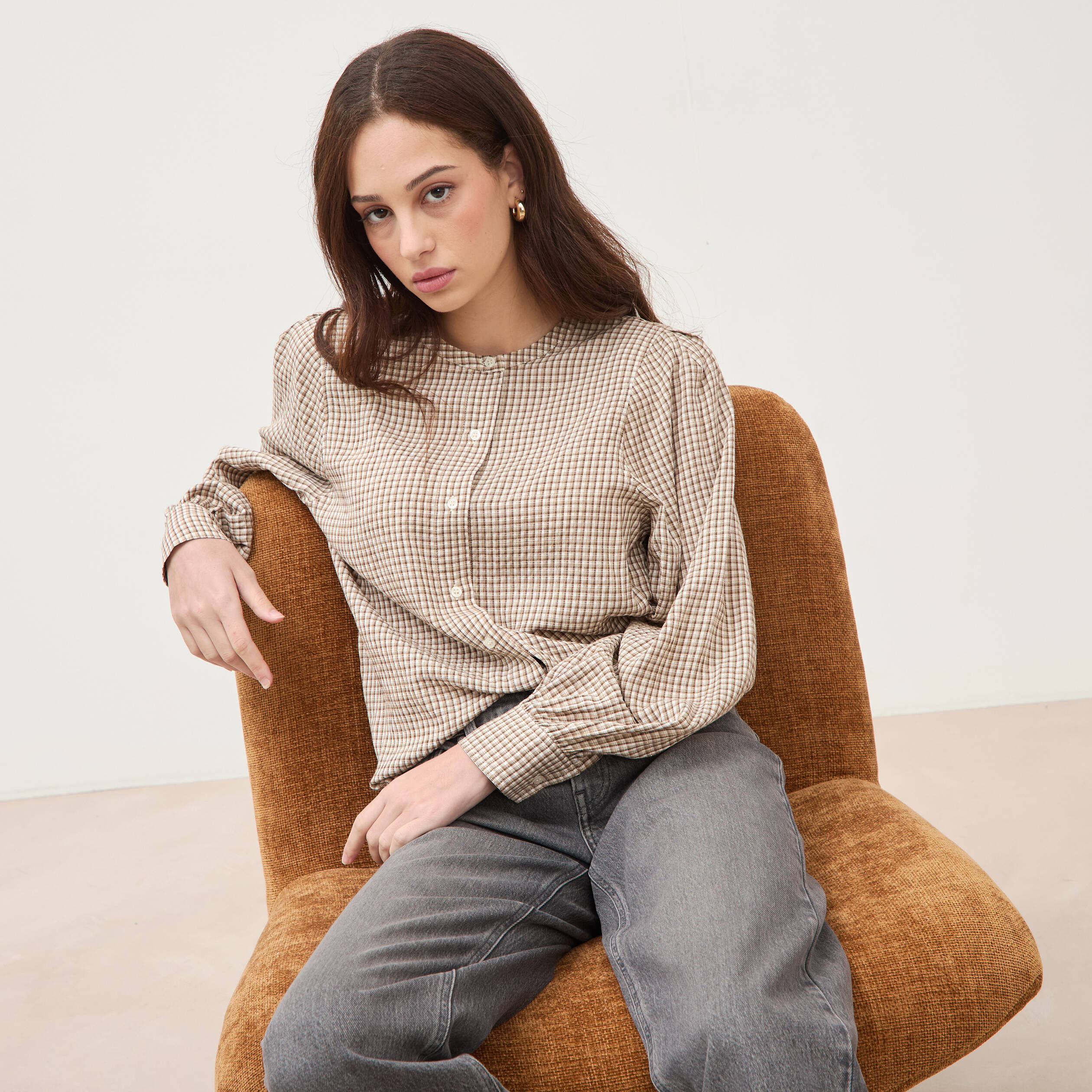 Chemise oversize manches longues marron clair femme