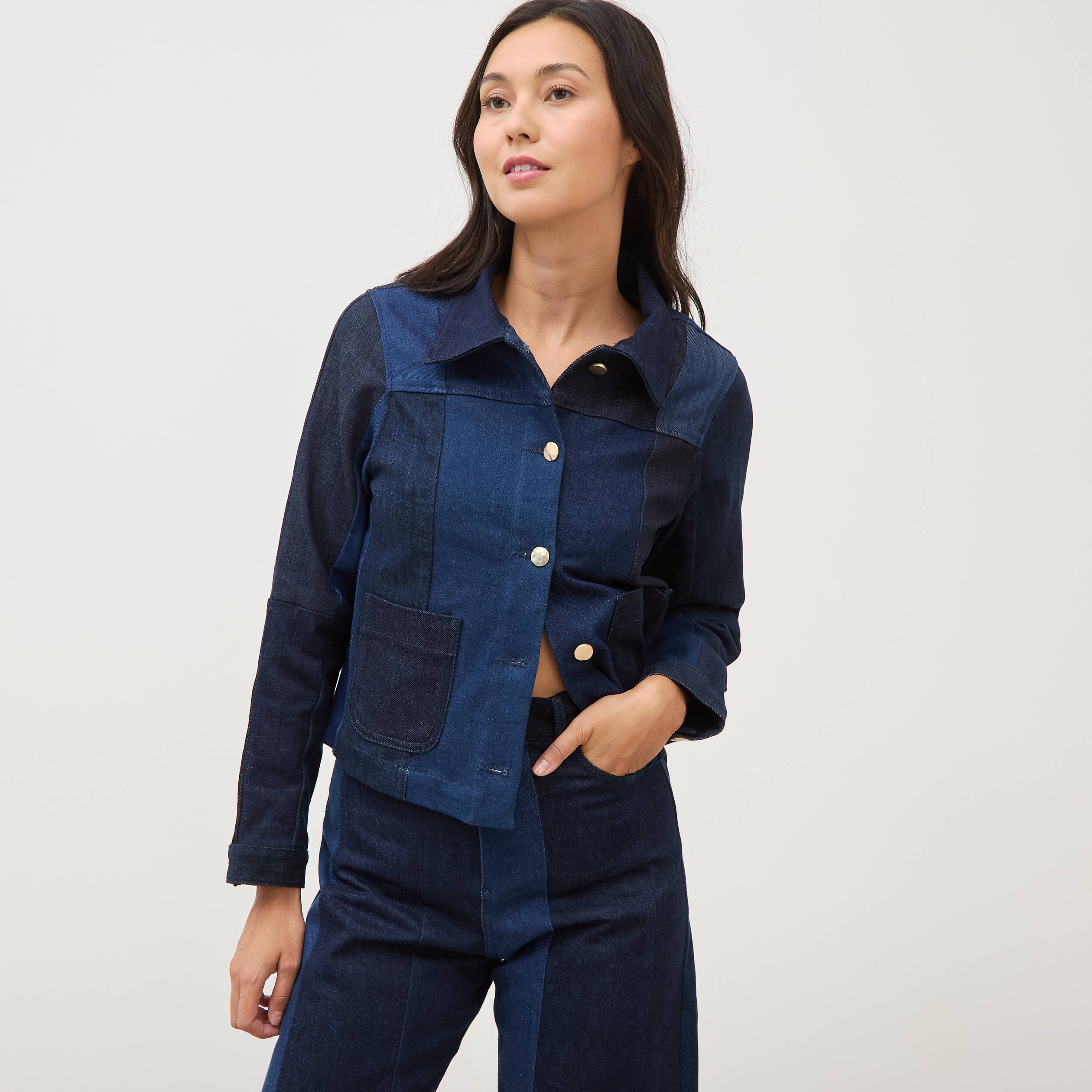 Veste droite en jeans manches longues denim stone femme