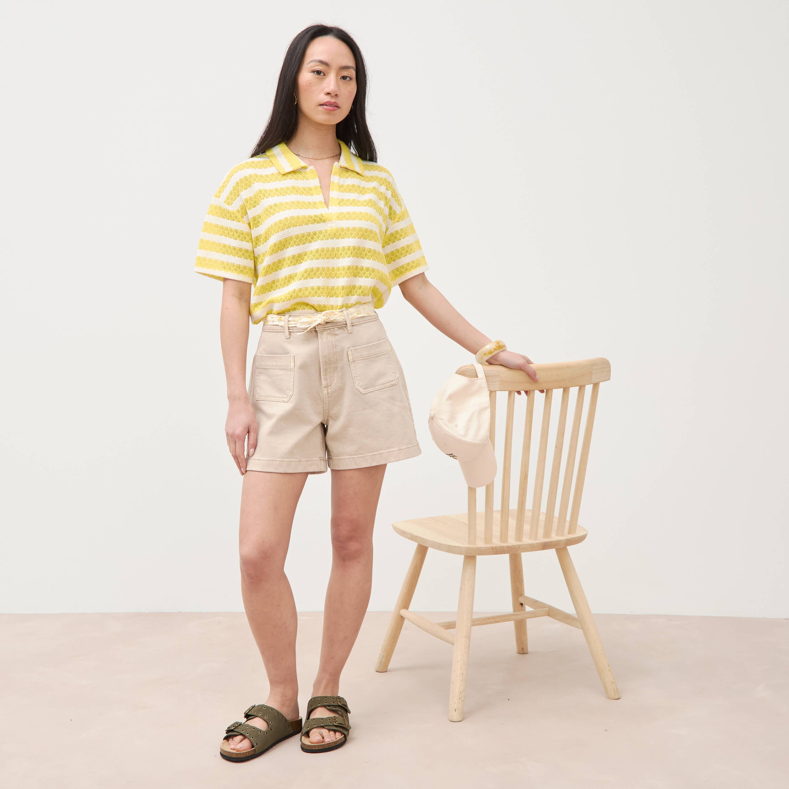 Short en jean taille haute beige femme
