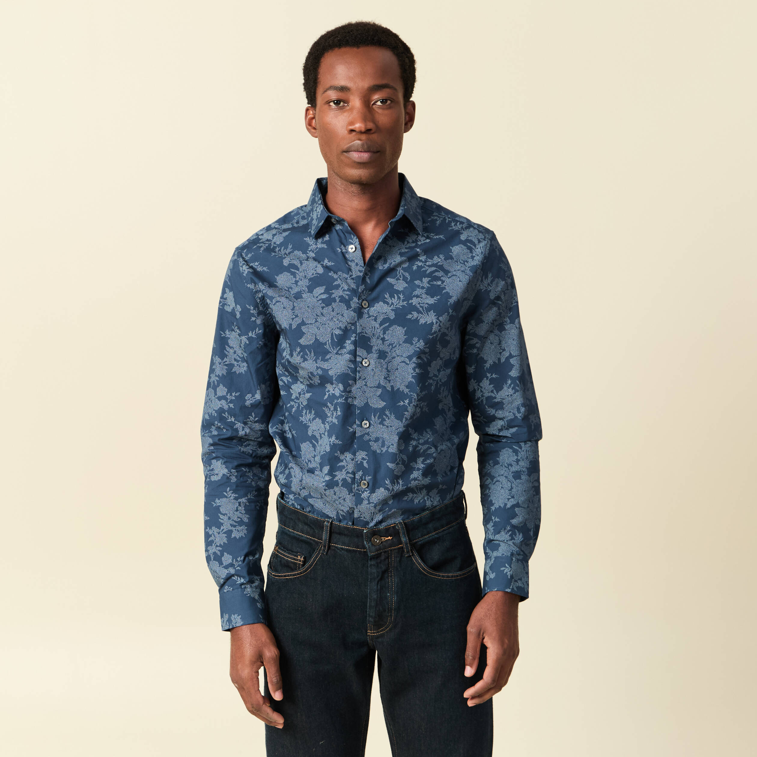 Chemise en coton manches longues bleu marine homme