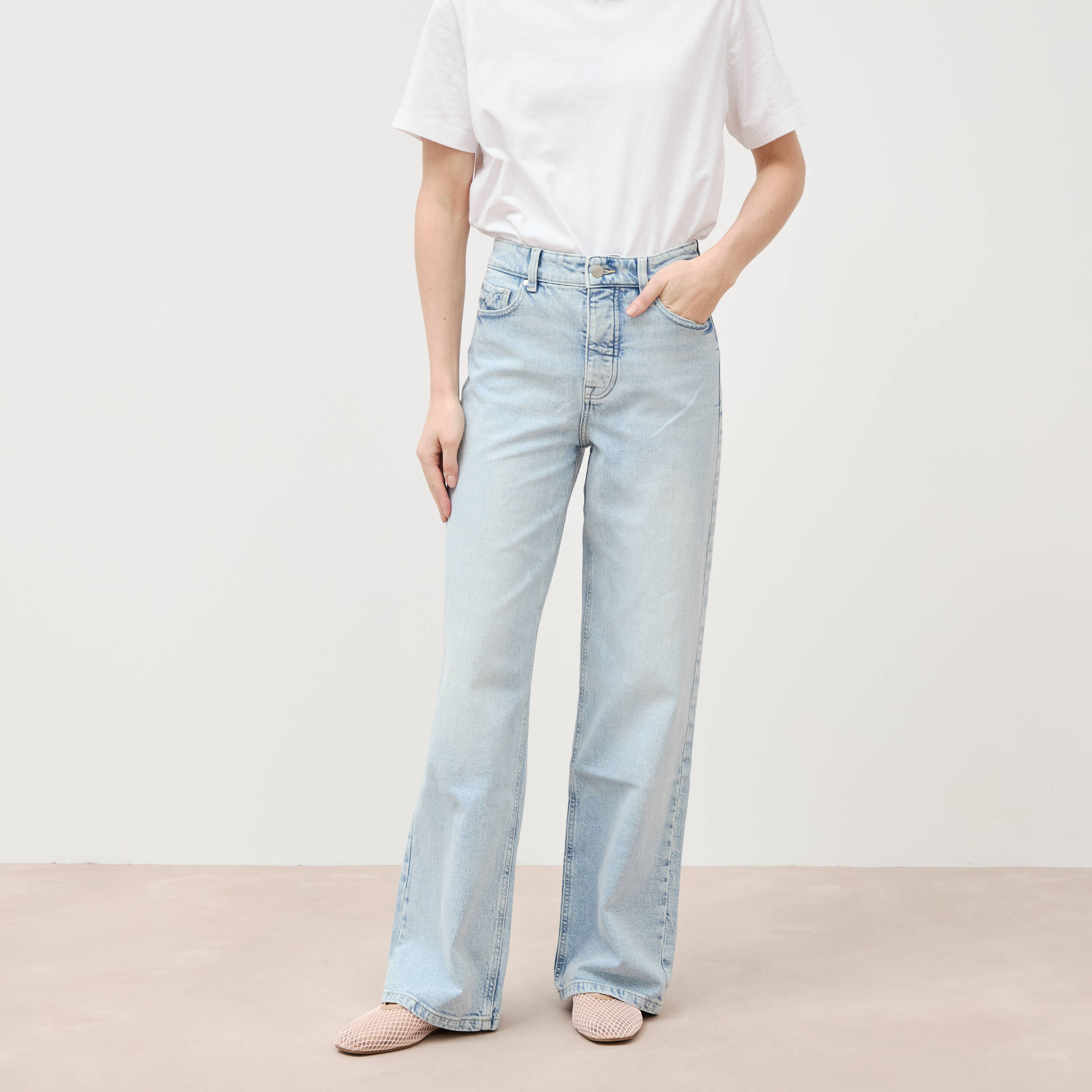 Jeans large taille haute denim bleach femme
