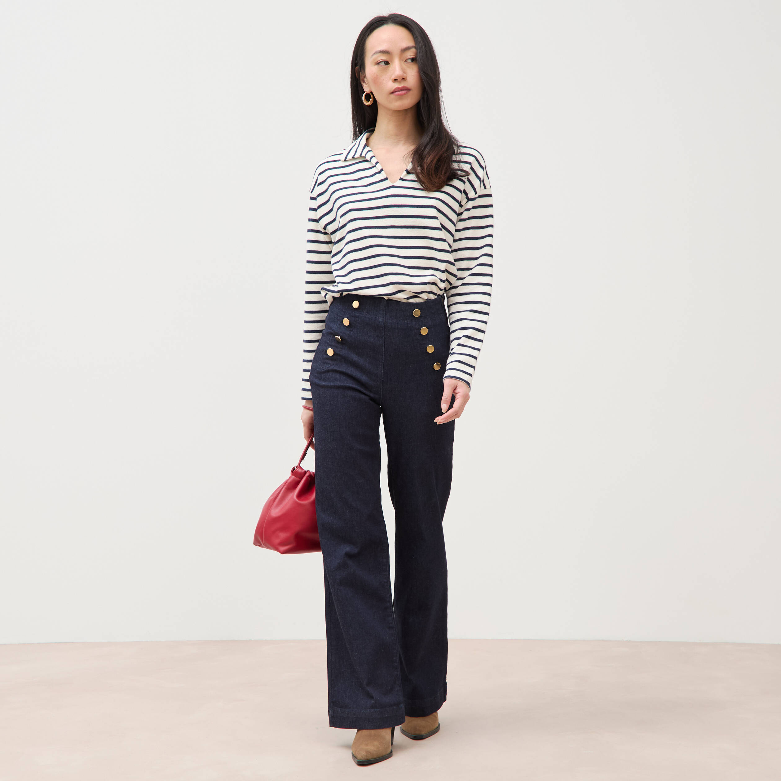 Jeans bootcut taille haute 7/8&egrave;me denim brut femme