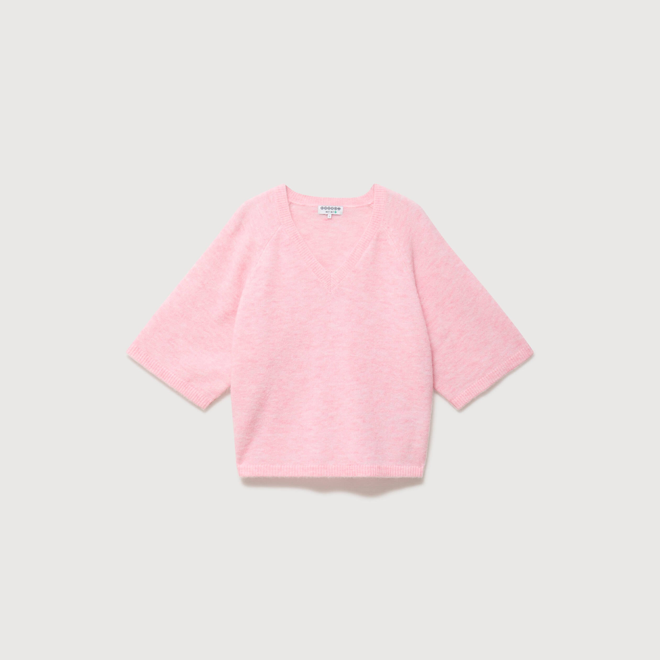 Pull droit col rond manches courtes rose clair femme
