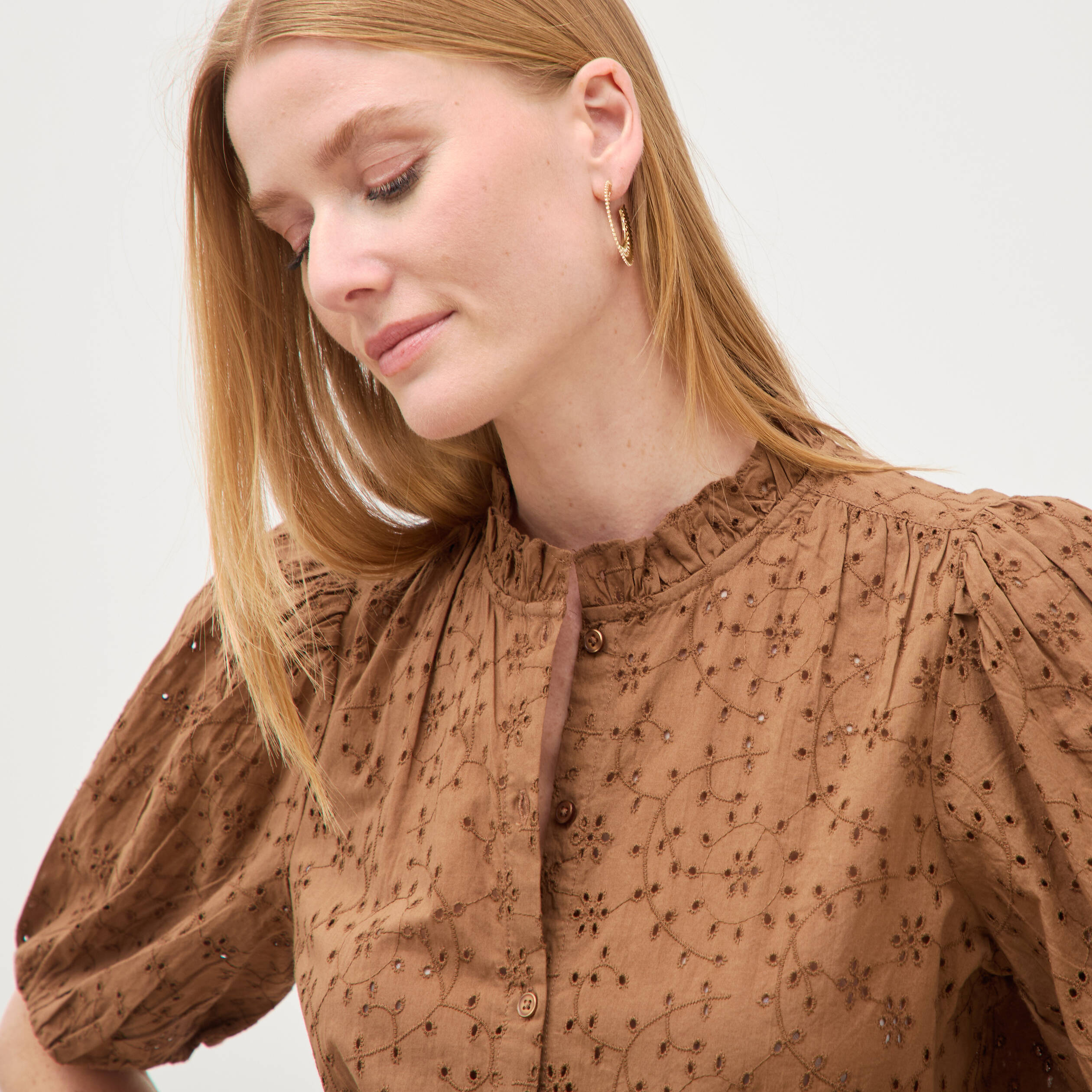 Chemise en coton manches coude marron femme