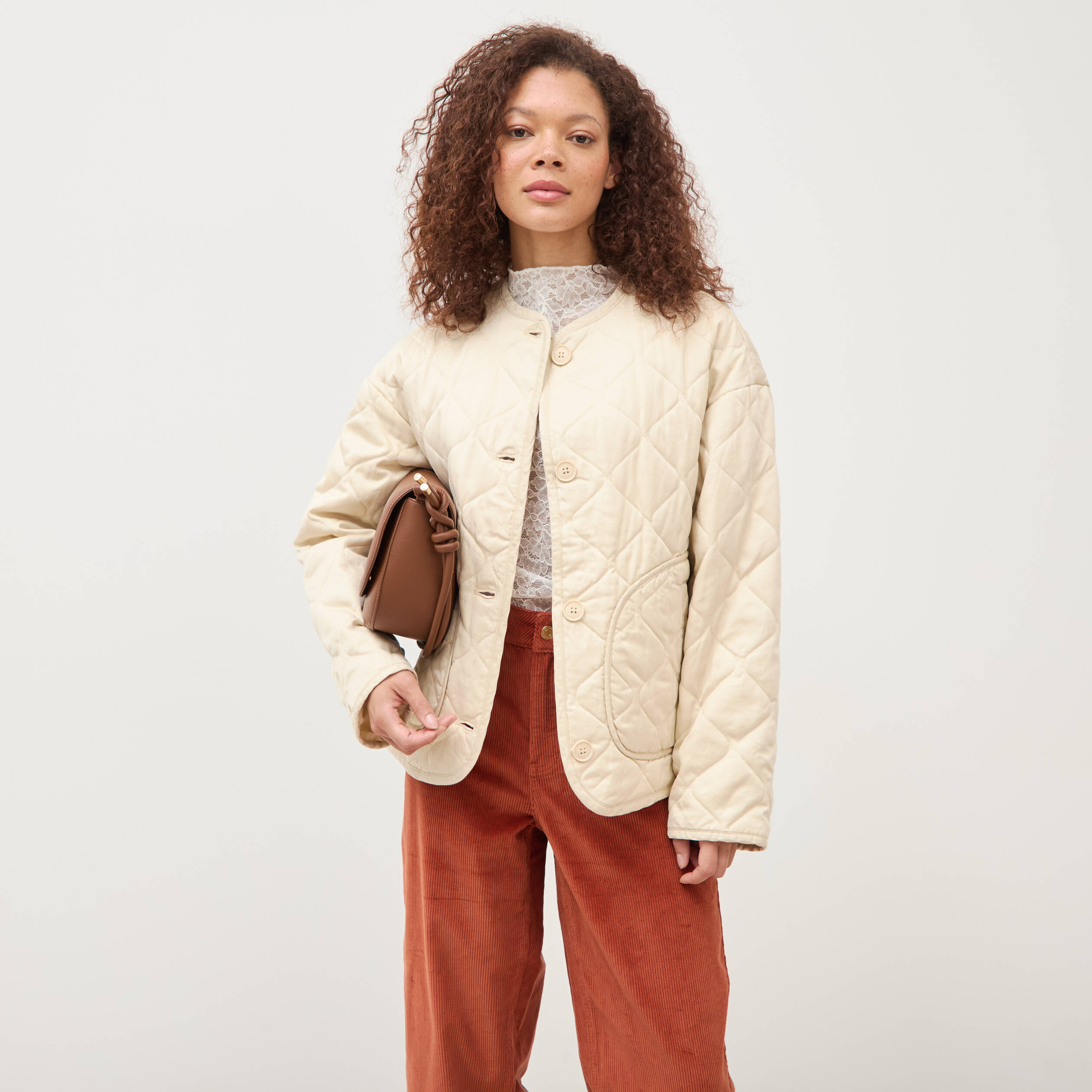 Veste oversize manches longues doubl&eacute;e creme femme