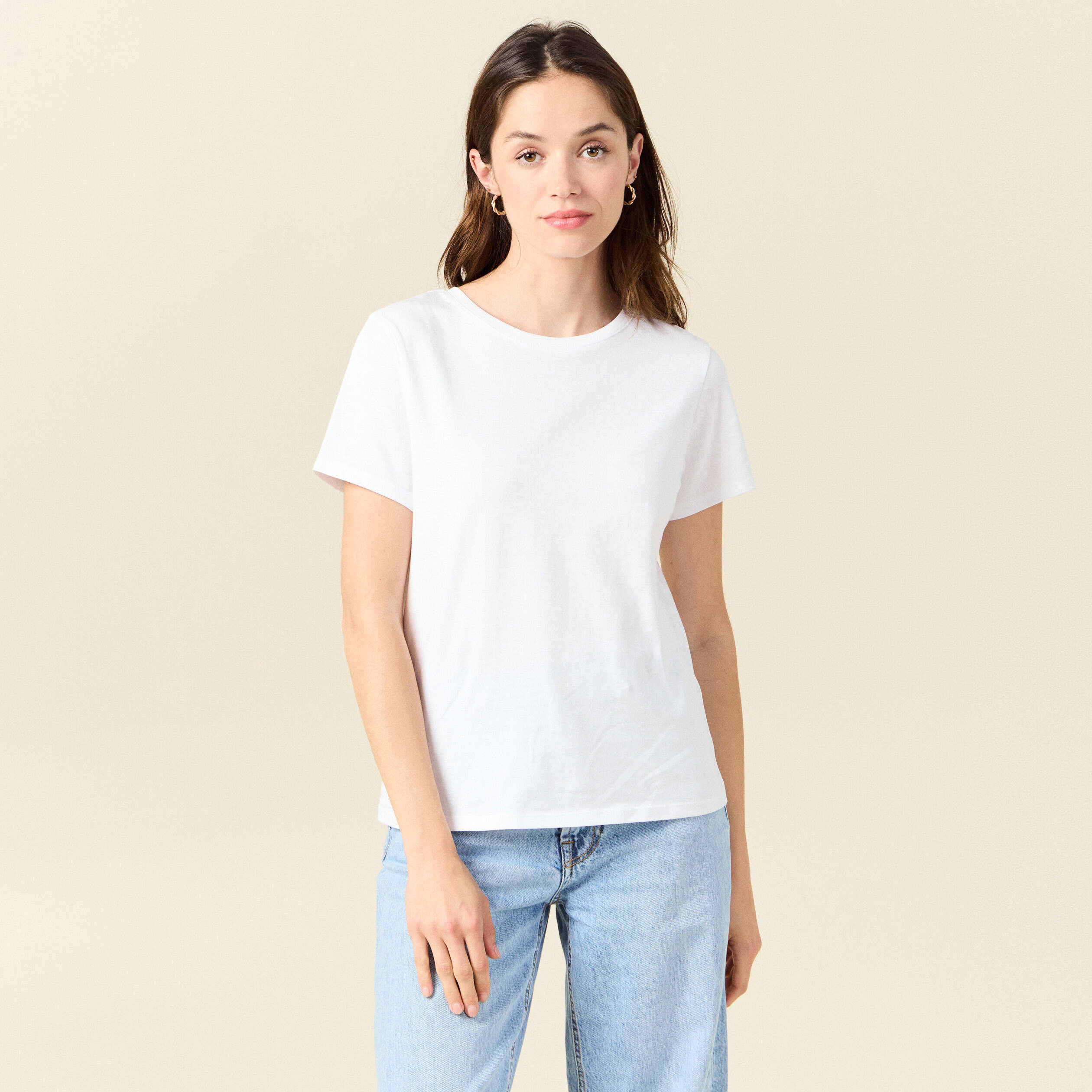 T-shirt à Manches Bouffantes - Encolure Ronde - Manches Courtes - Blanc