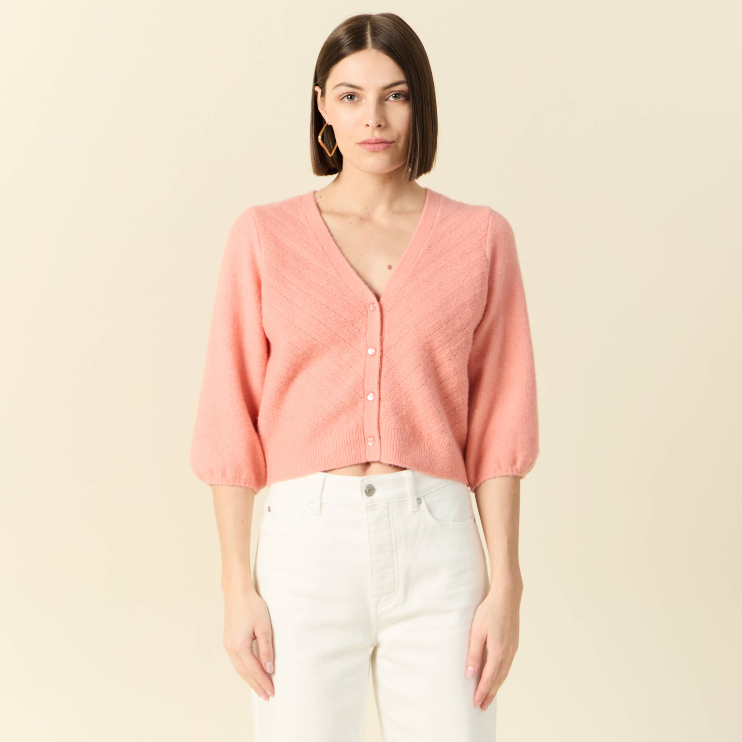 Gilet manches 3/4 rose saumon femme