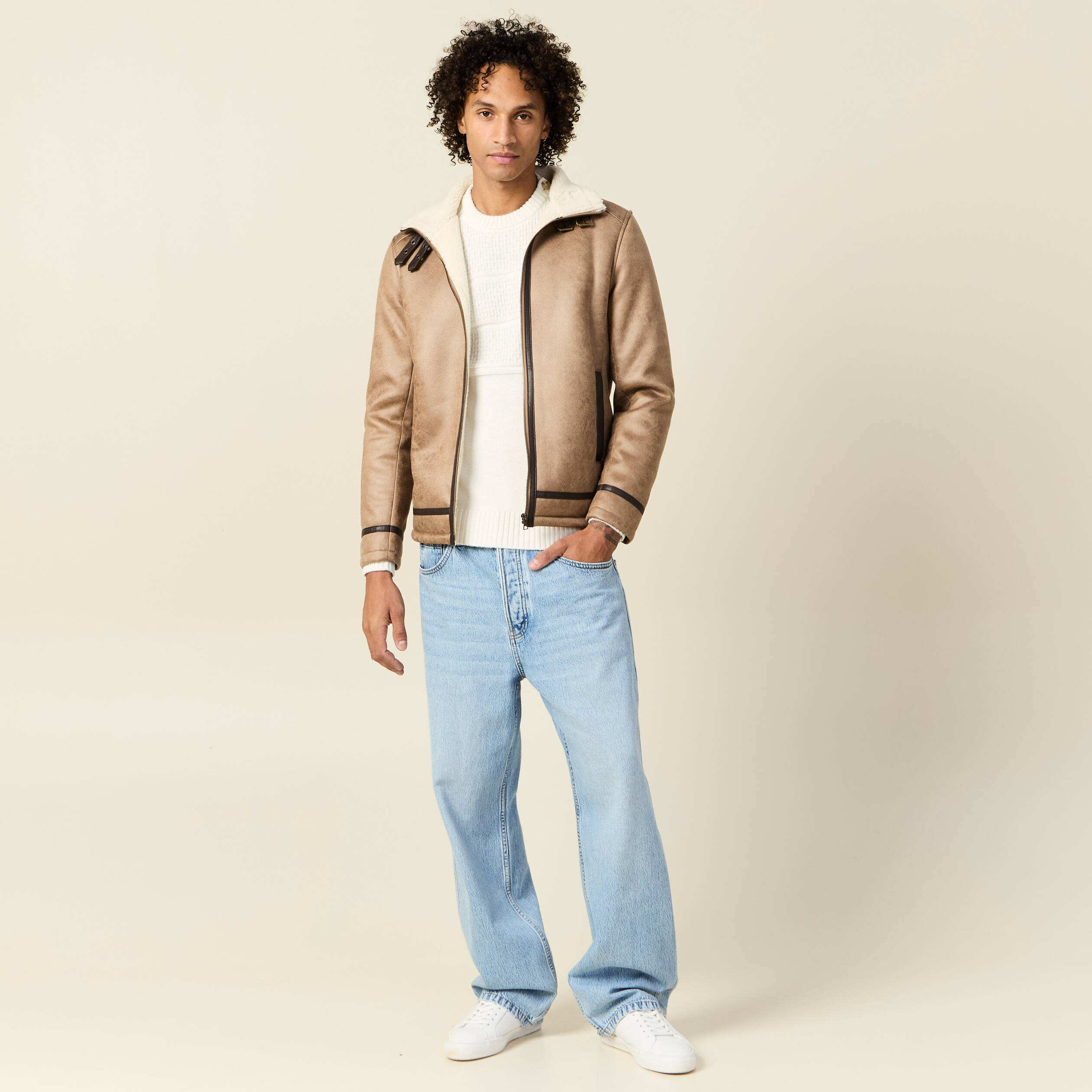 Pull manches longues boutons ecru homme
