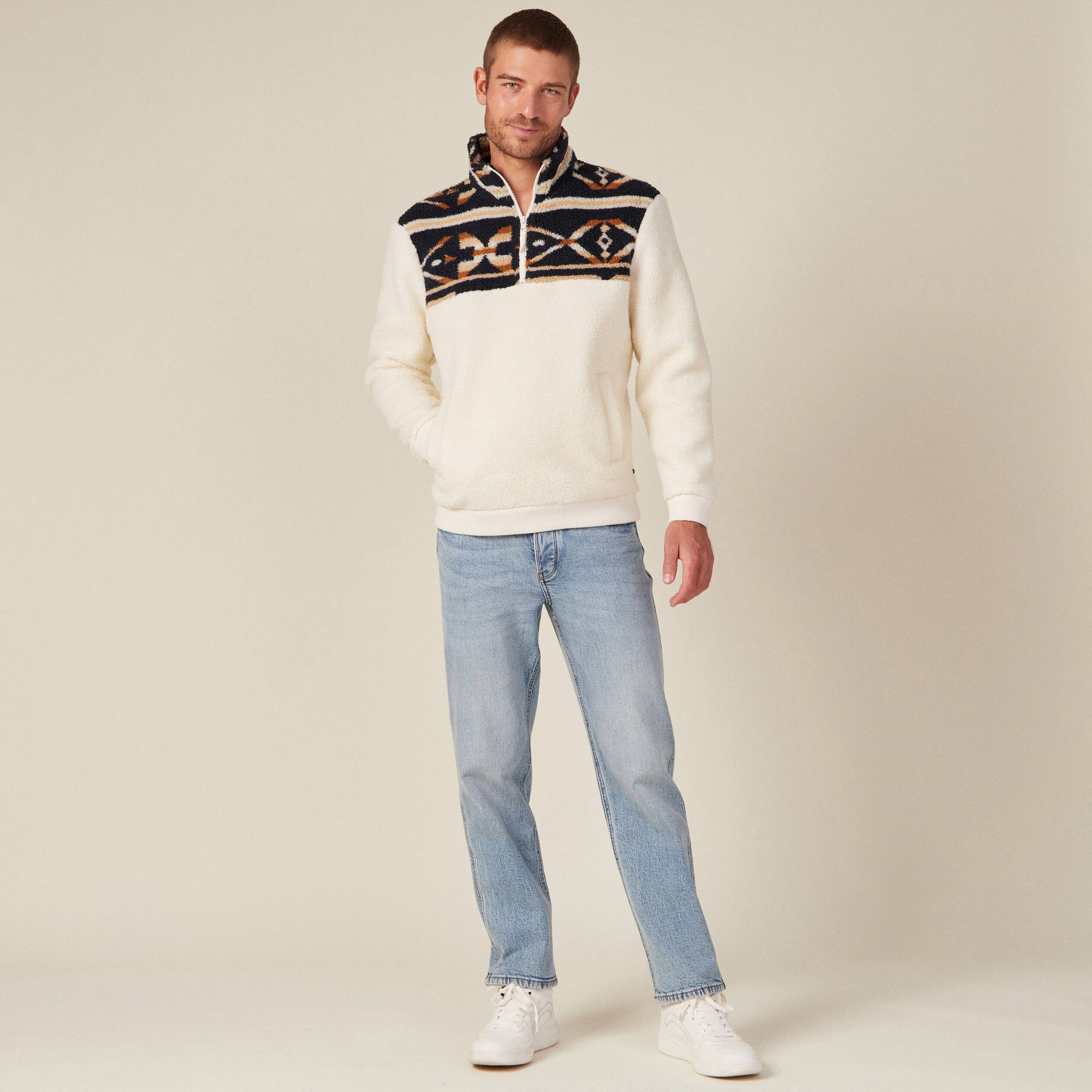 sweat col camionneur zippe ecru homme Sweat col camionneur zippé ecru homme