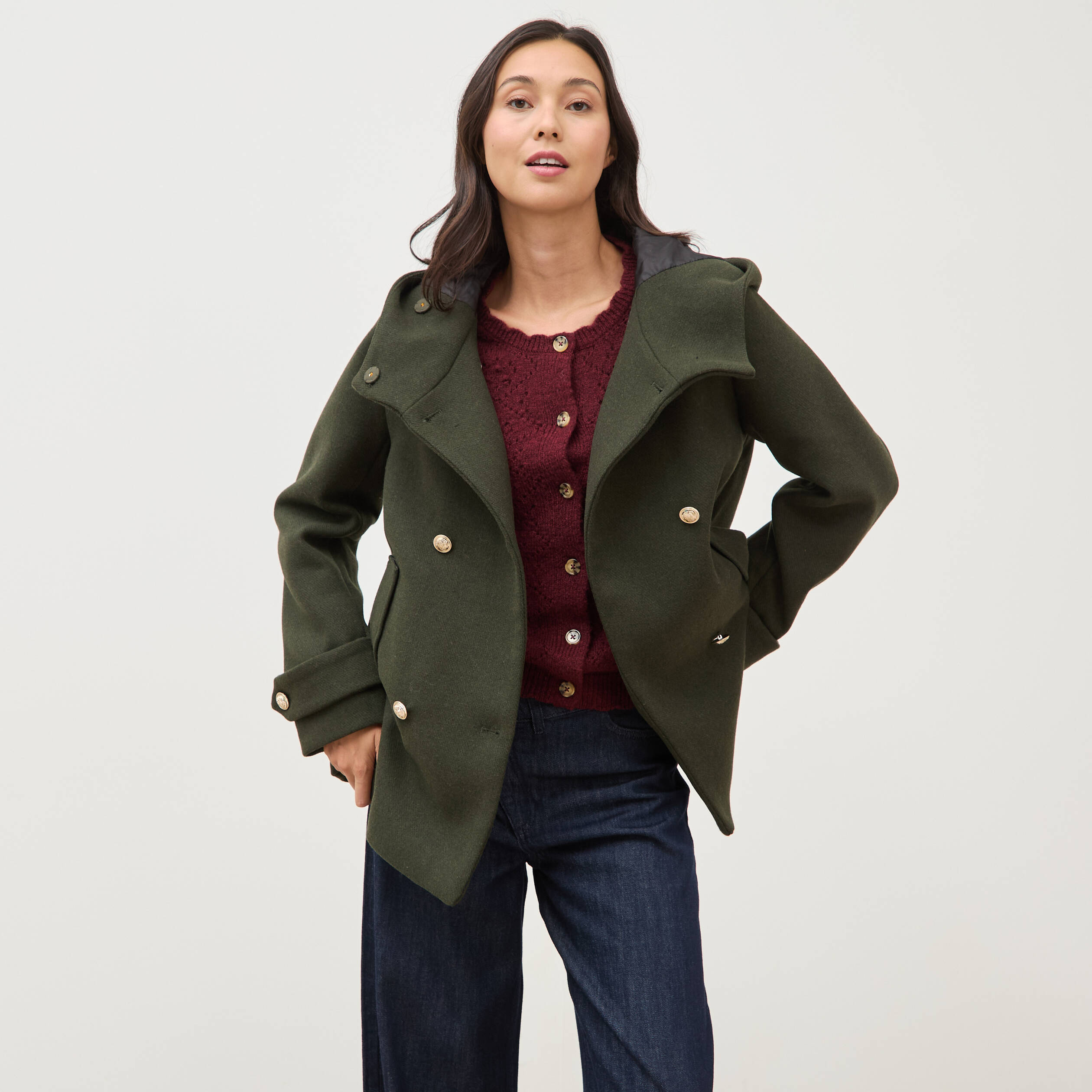 Caban oversize court &agrave; capuche vert olive femme