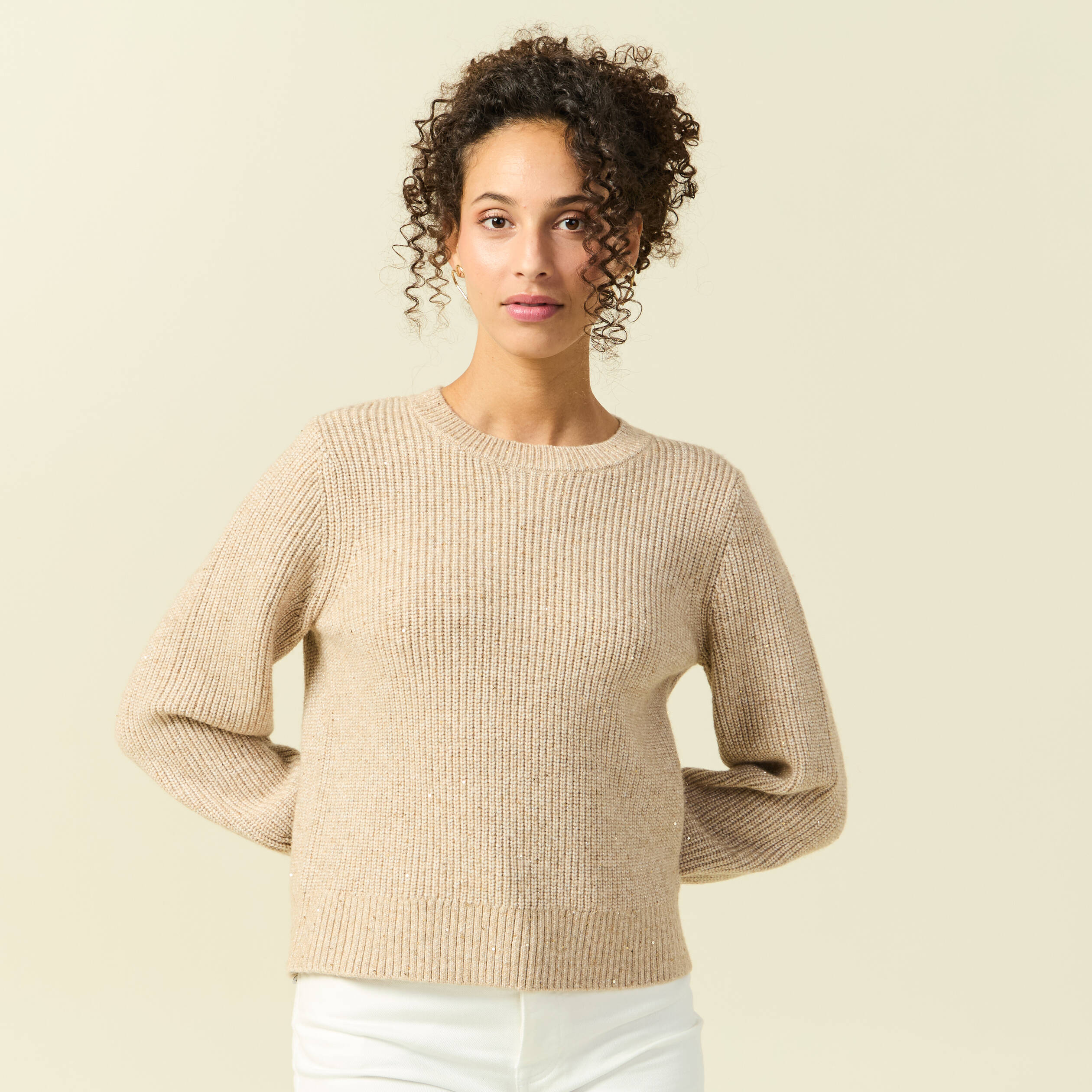 Pull manches longues col rond &agrave; sequins creme femme