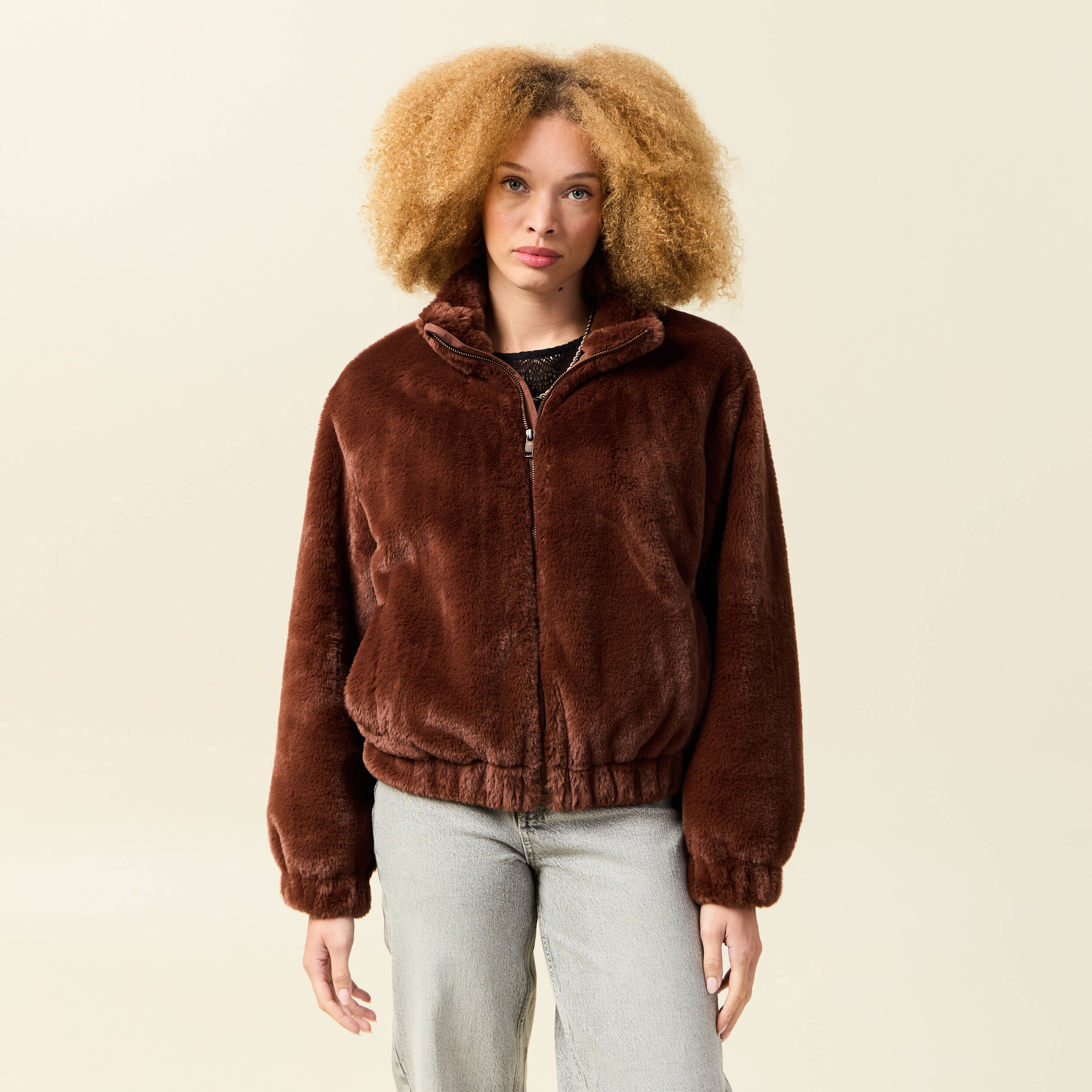 Veste droite courte col montant marron femme