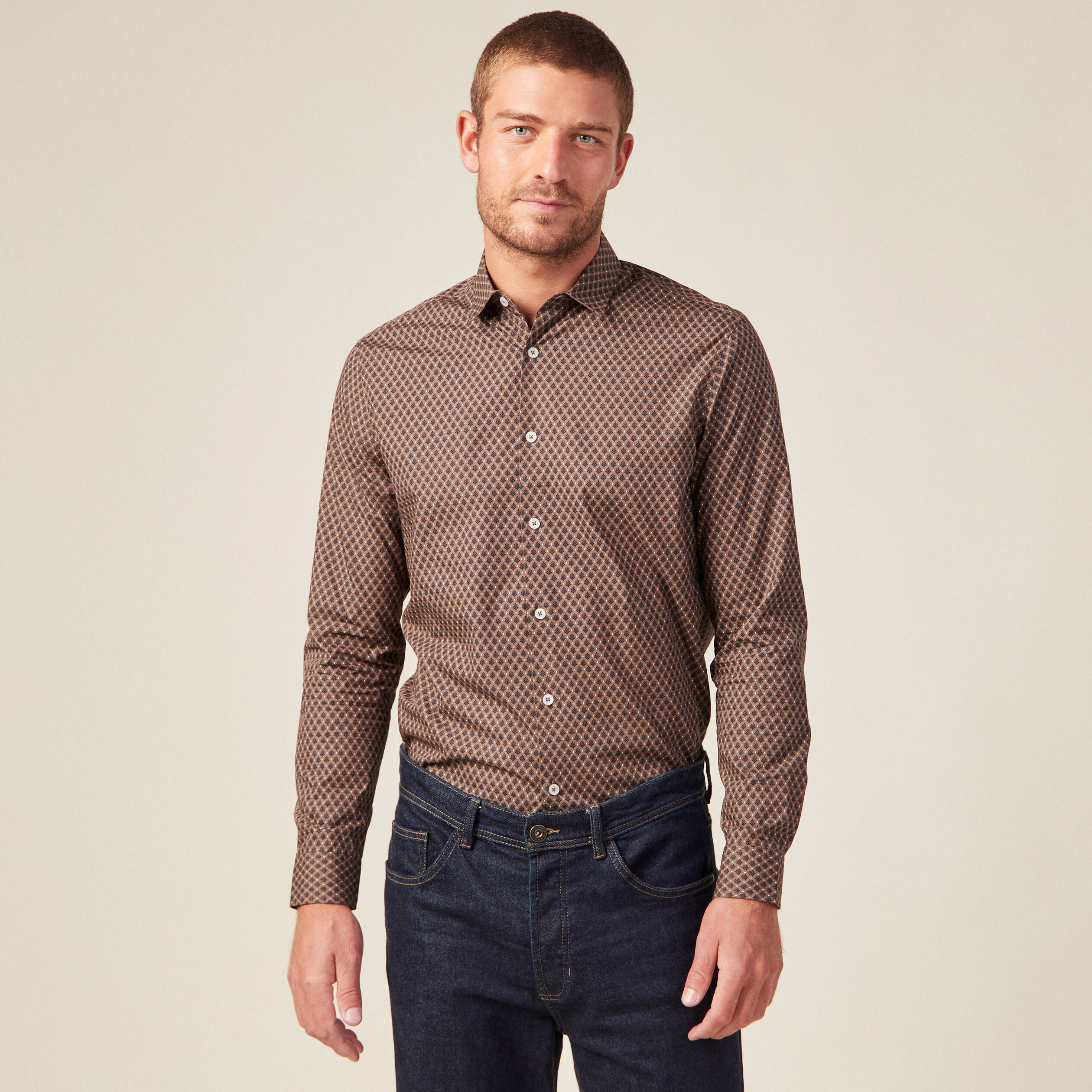 Chemise en coton manches longues marron homme