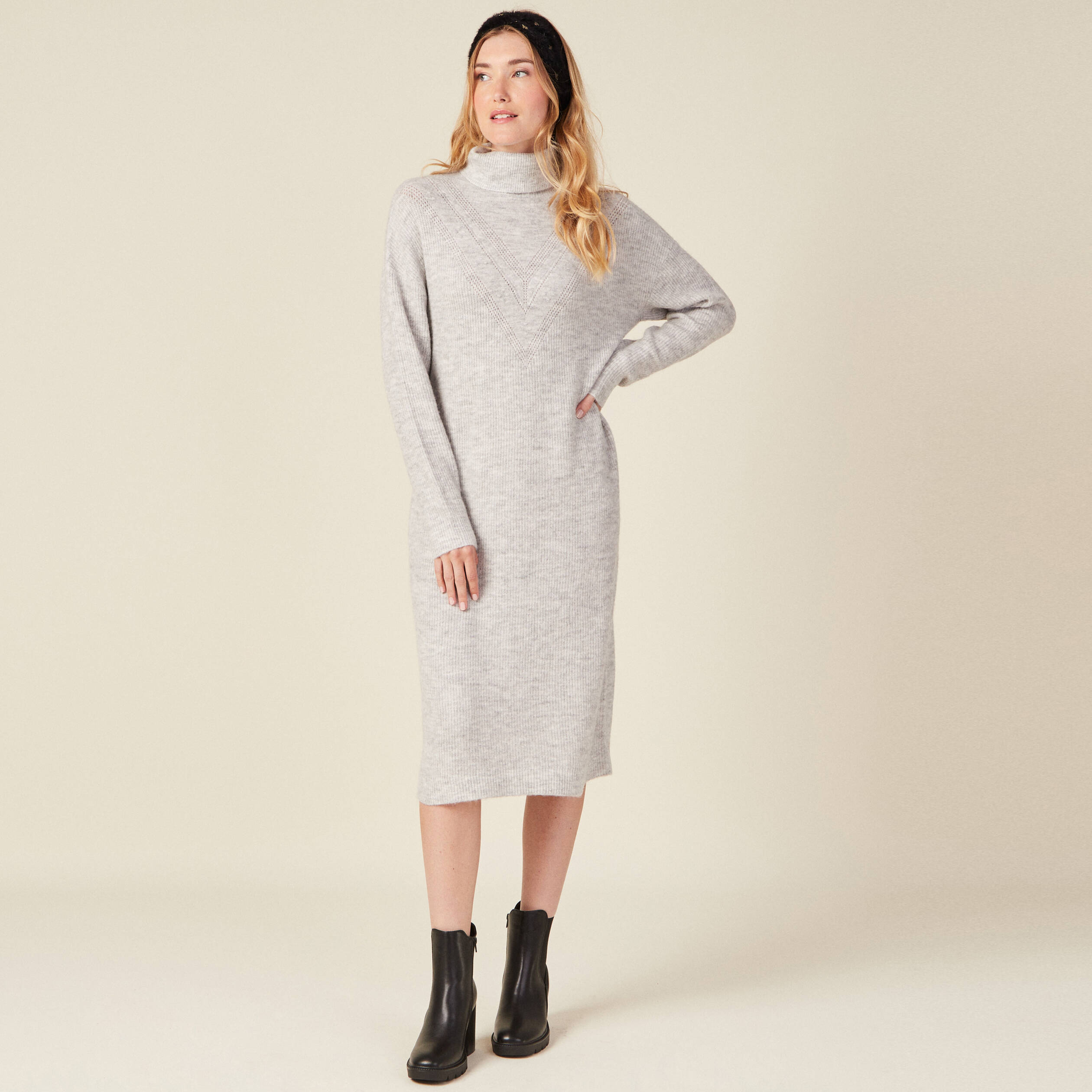 robe pull longue col roule gris femme Robe pull longue col roulé gris femme