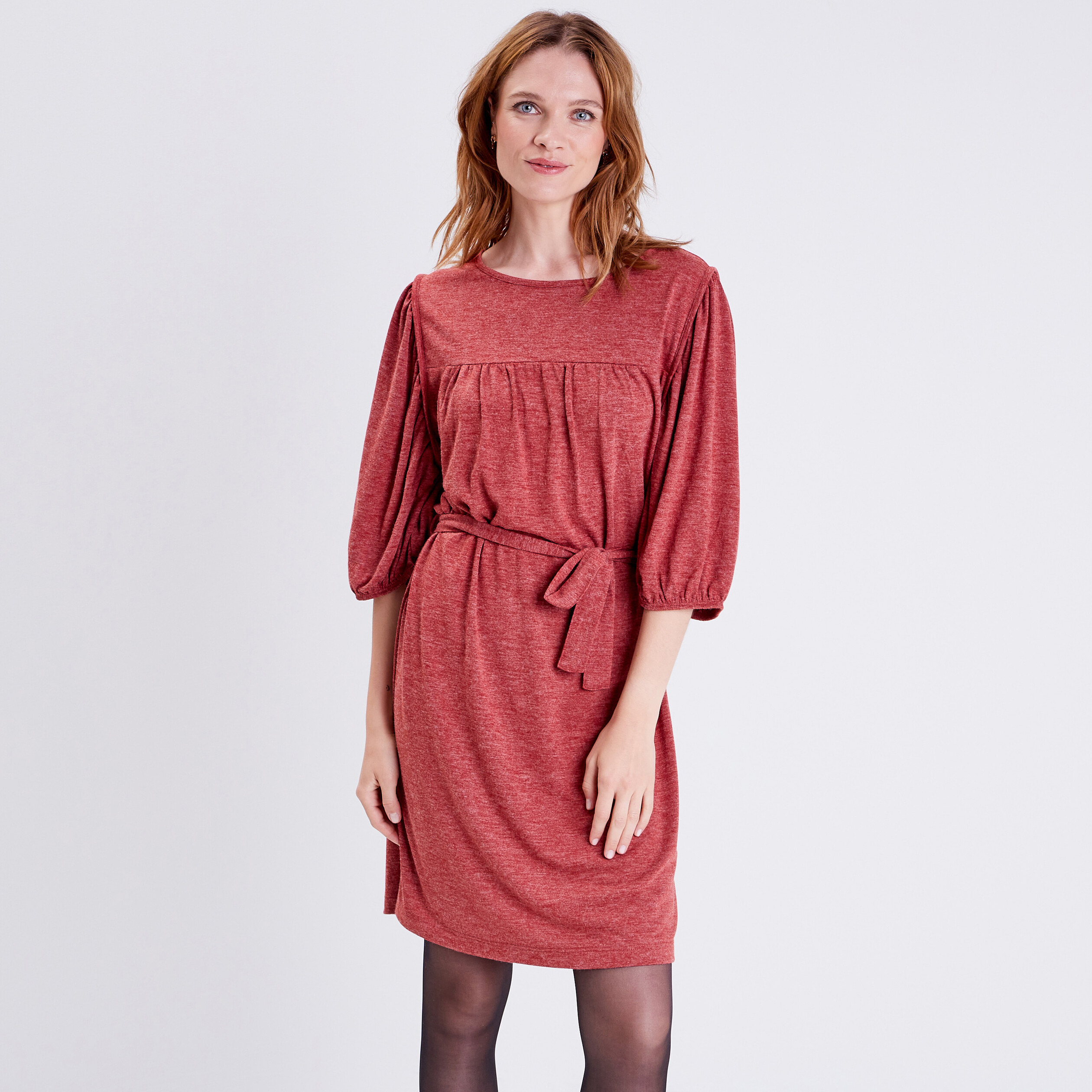 Robe droite ceintur&eacute;e orange fonc&eacute; femme