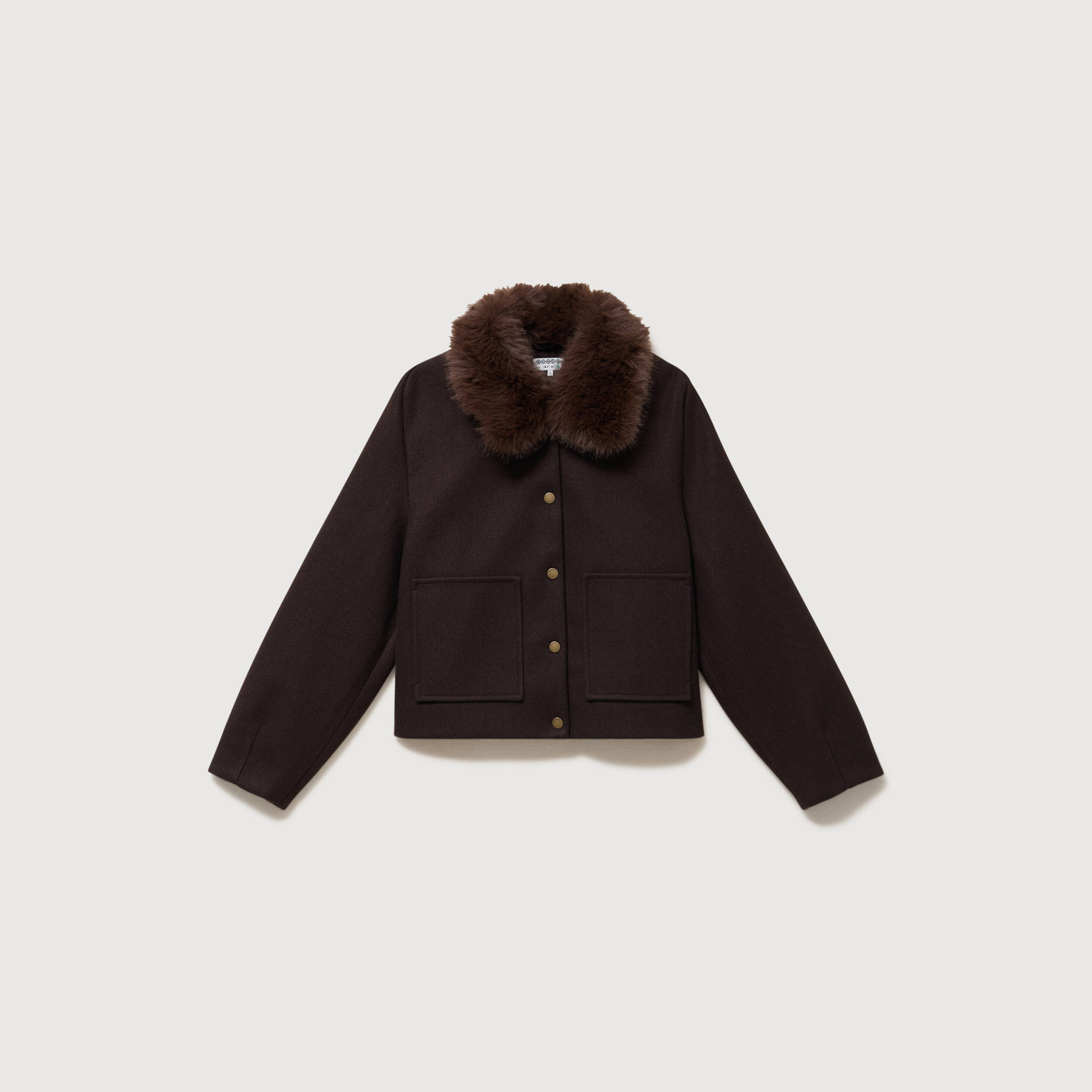 Blouson court oversize col sherpa marron fonc&eacute; femme