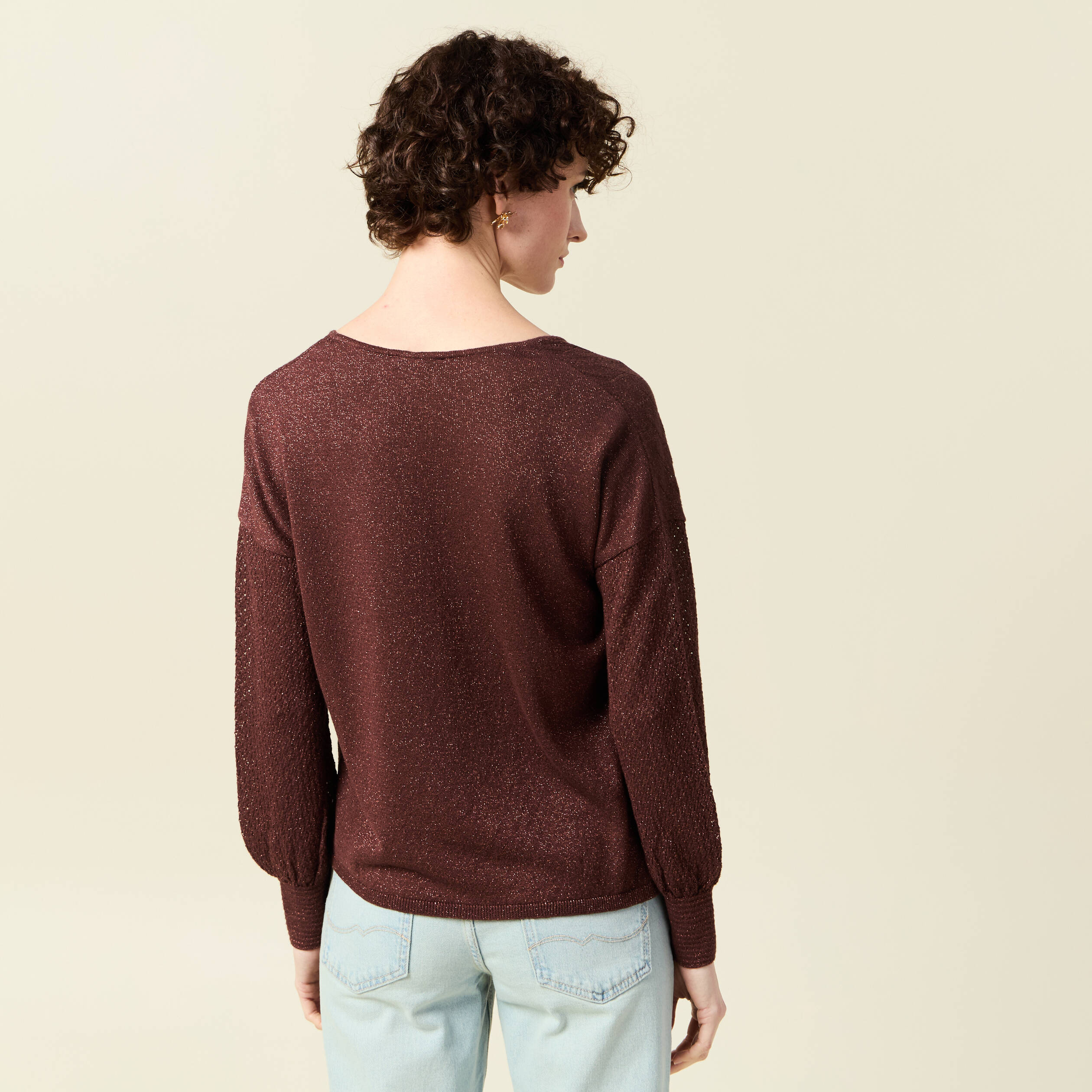Pull manches longues ajour&eacute; bordeaux femme