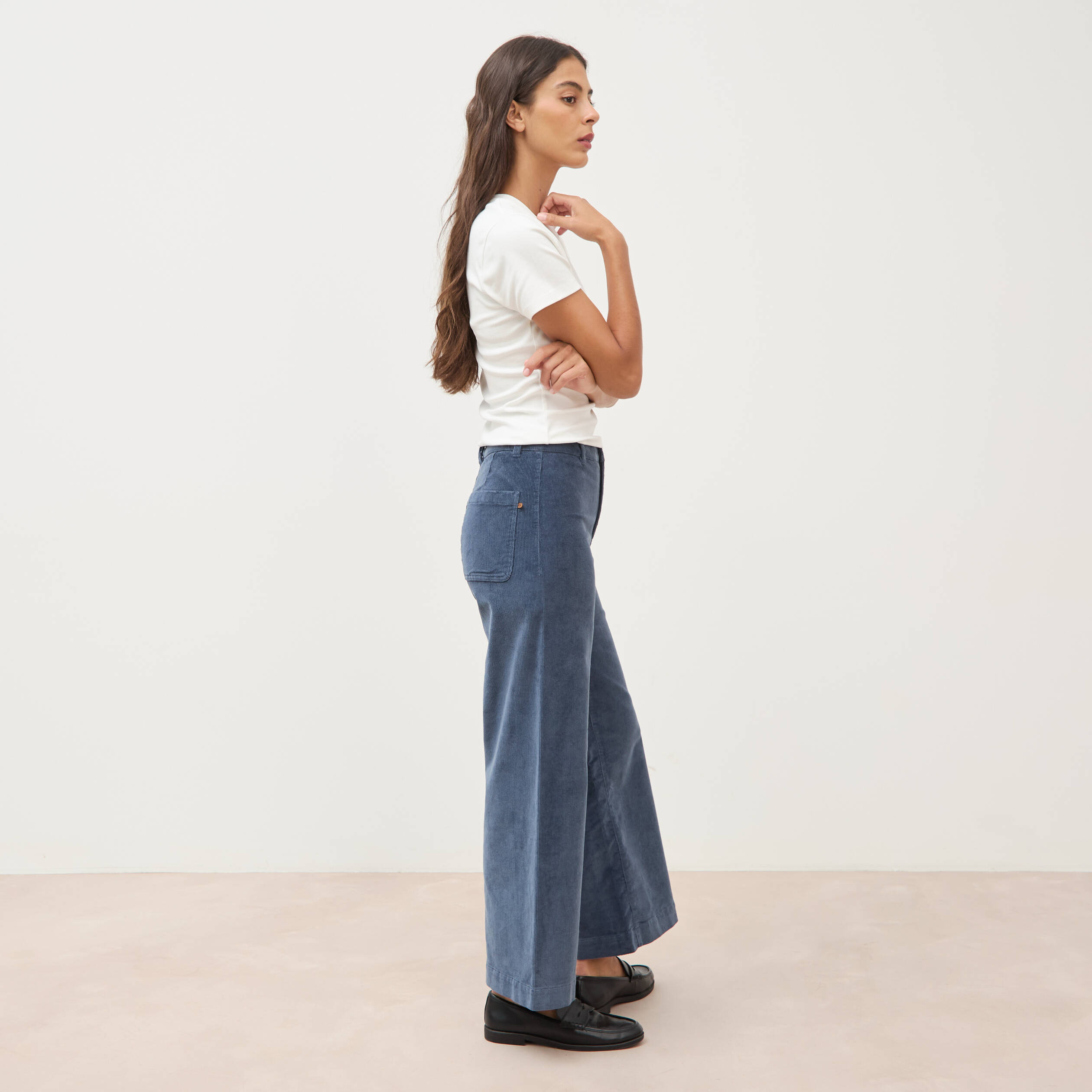 Pantalon large taille haute en velours gris femme