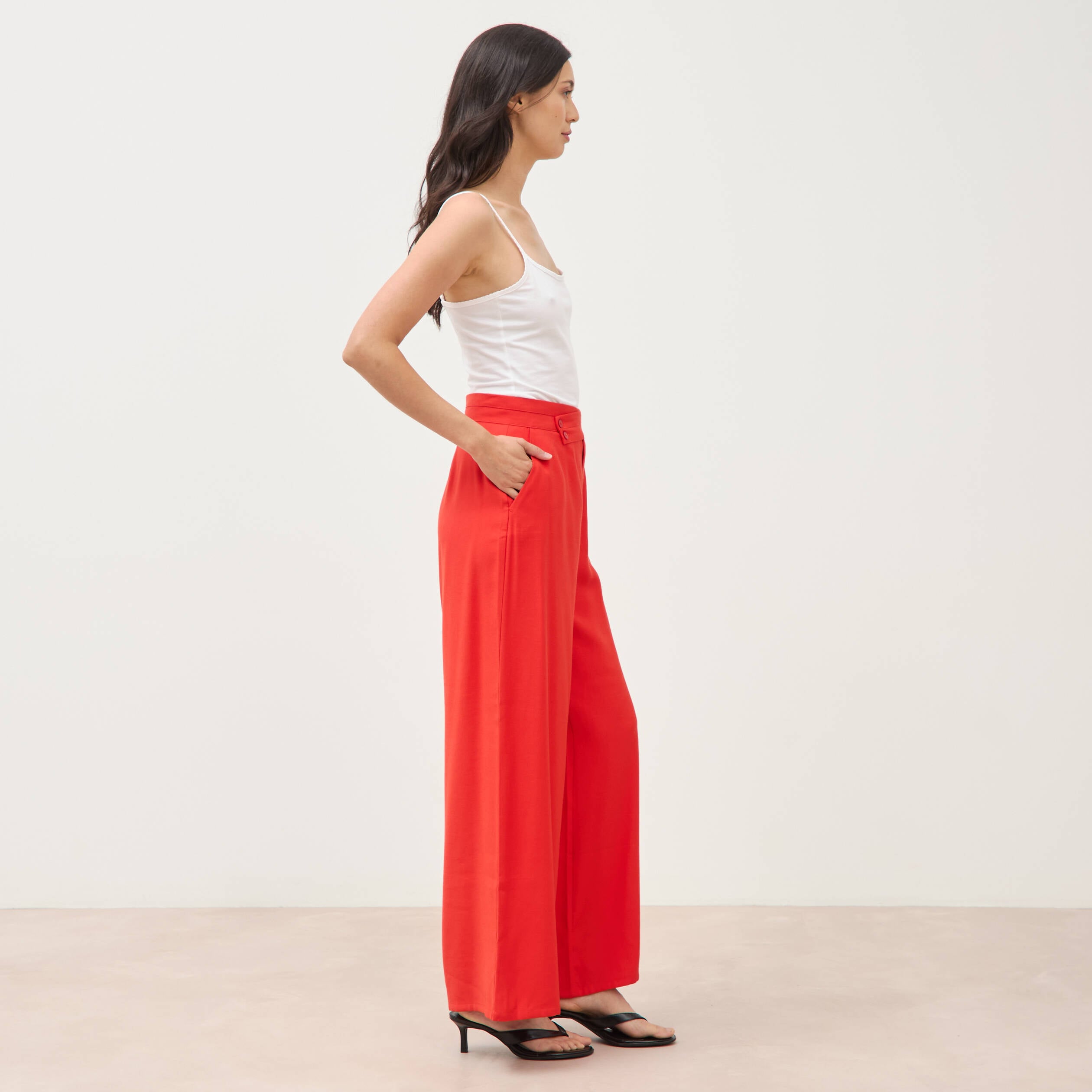 Pantalon large taille haute ceinture rouge femme