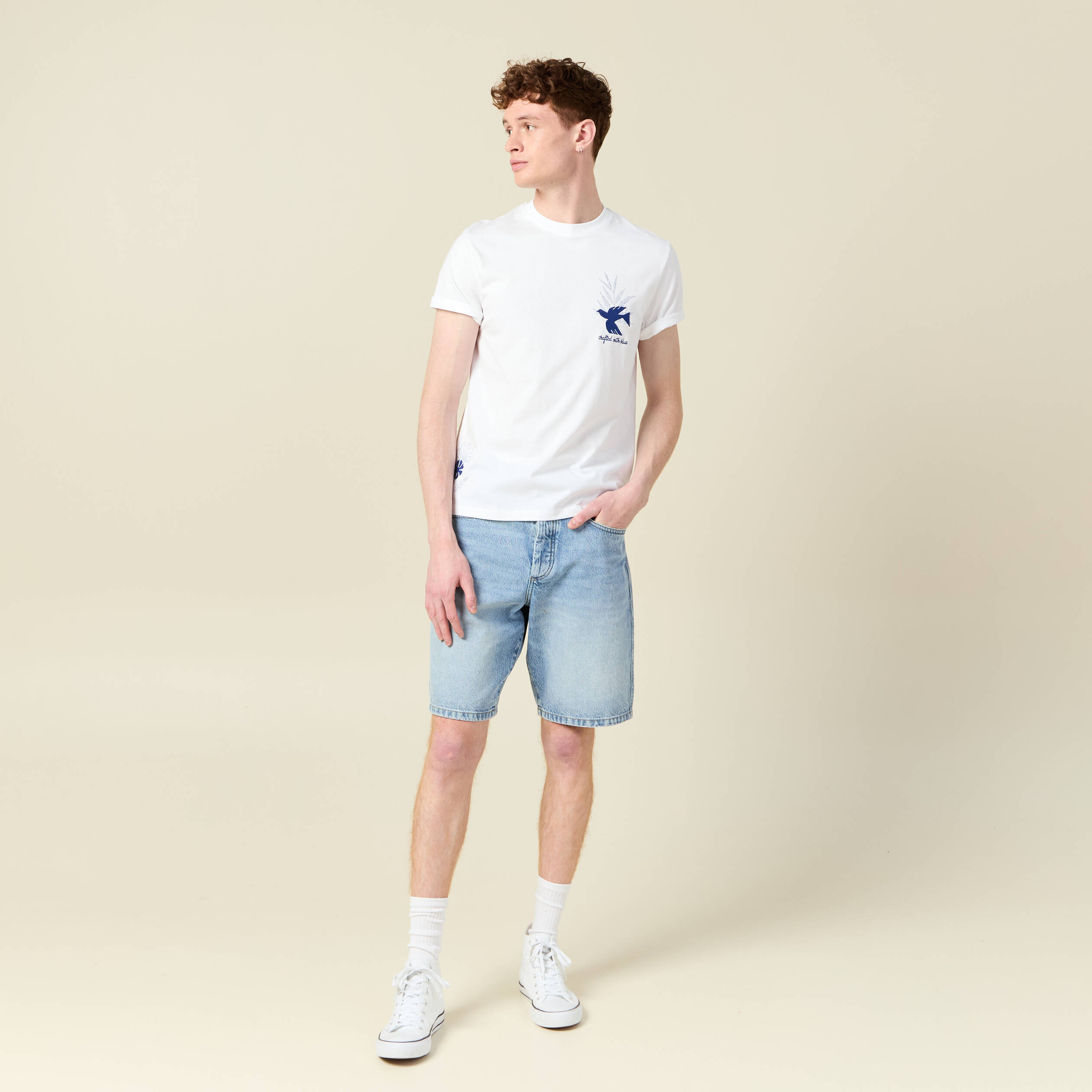 t shirt manches courtes brode blanc homme T-shirt manches courtes brodé blanc homme