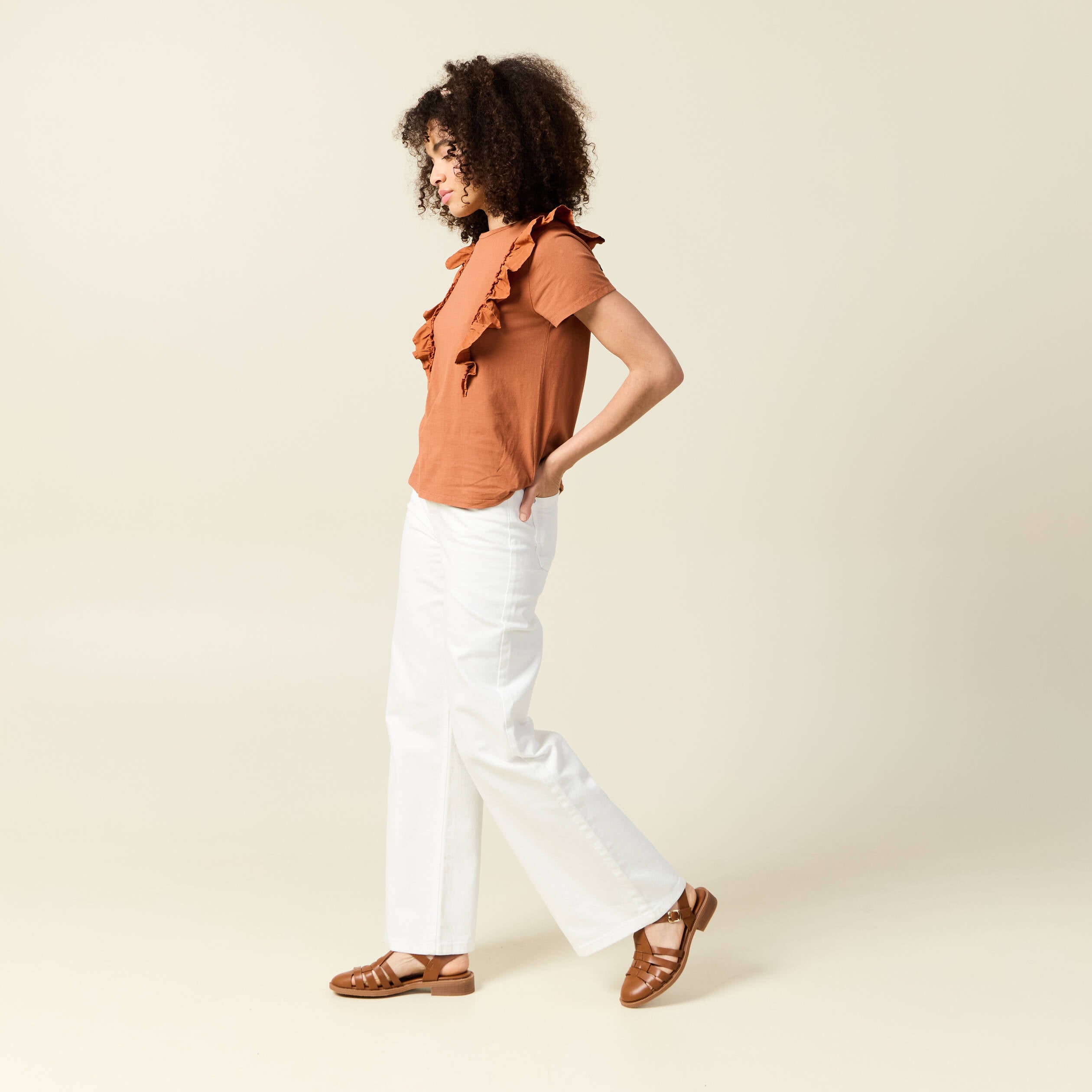 T-shirt en coton manches courtes marron cognac femme