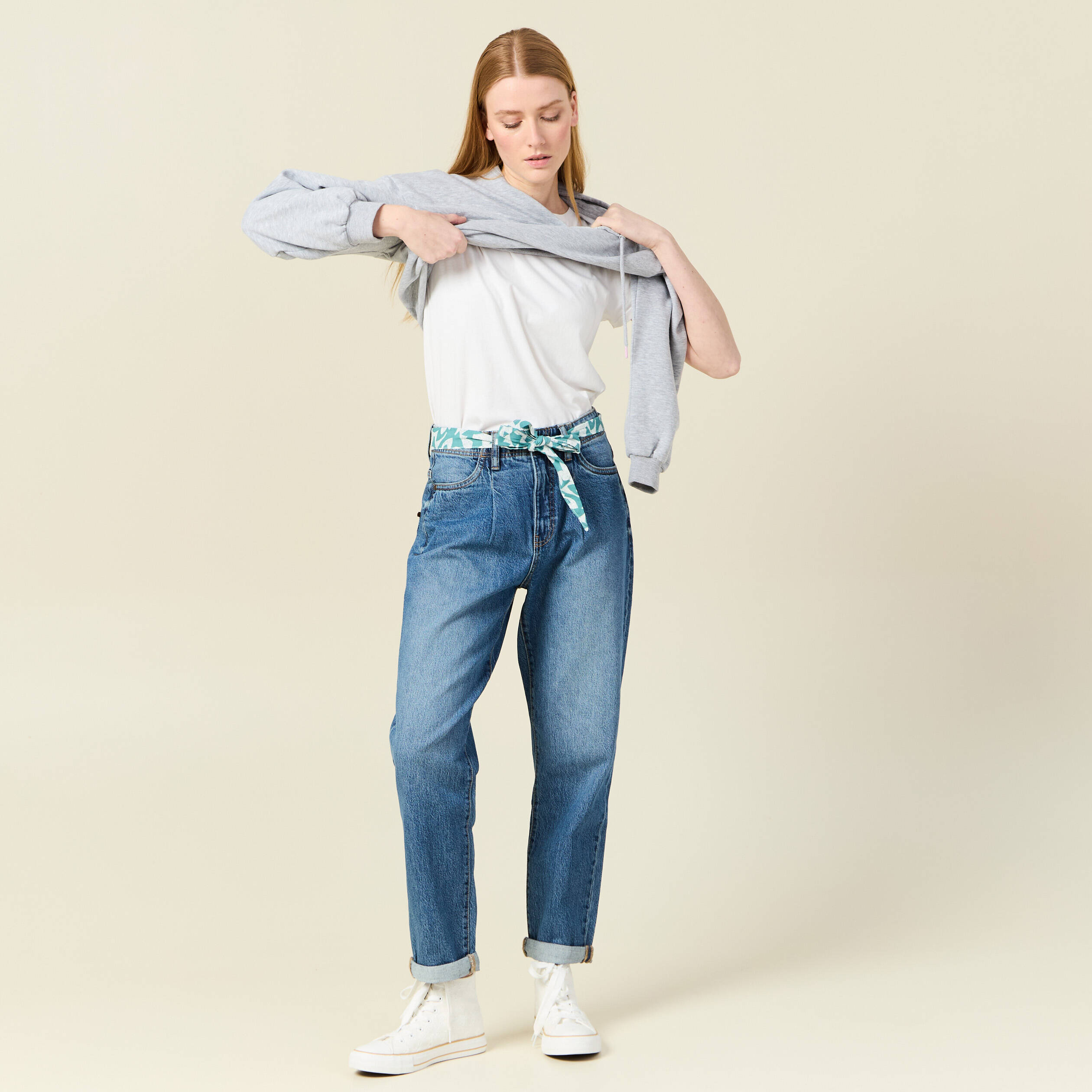 jeans mom ceinture foulard denim stone femme Jeans mom ceinture foulard denim stone femme