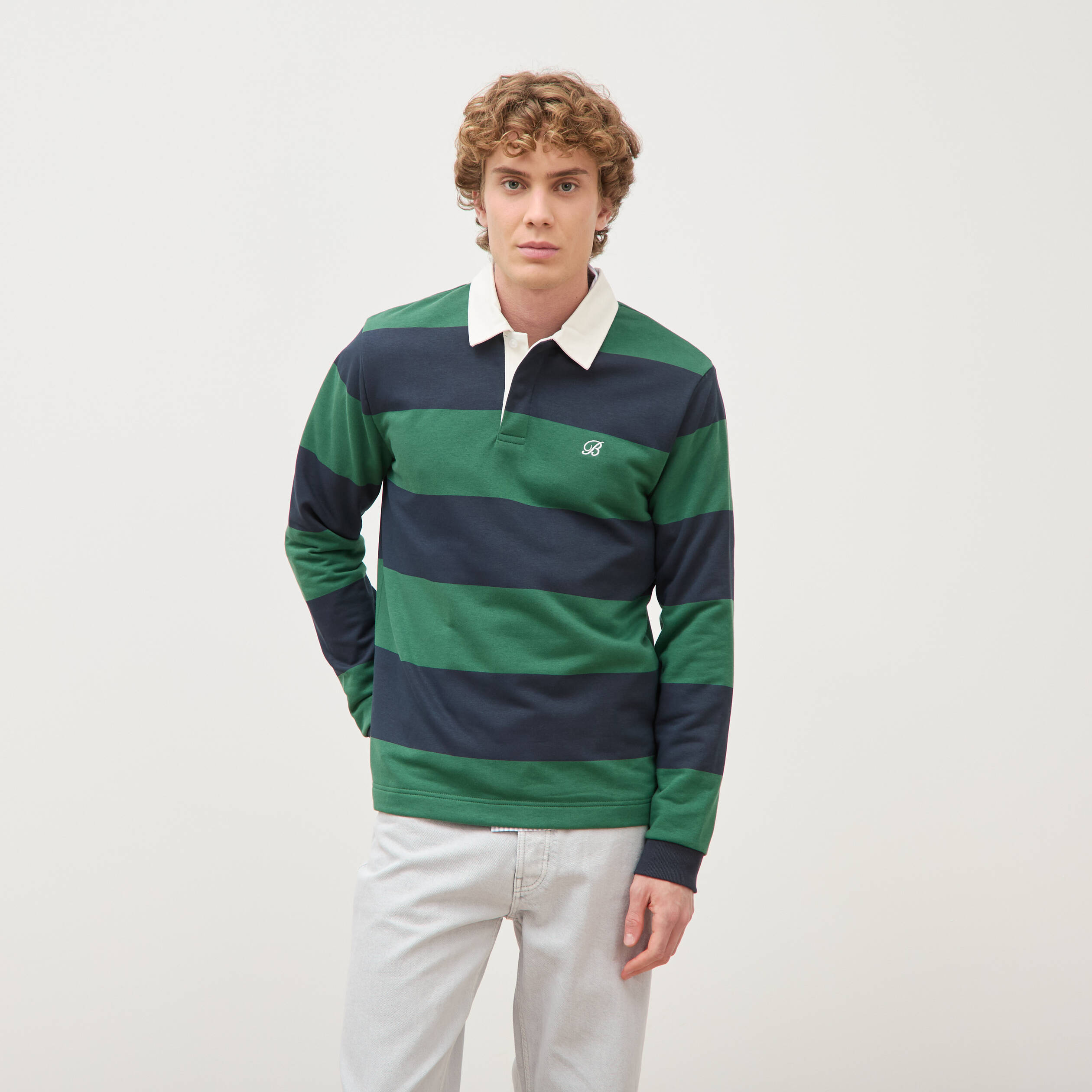 Polo manches longues broderie bleu marine homme