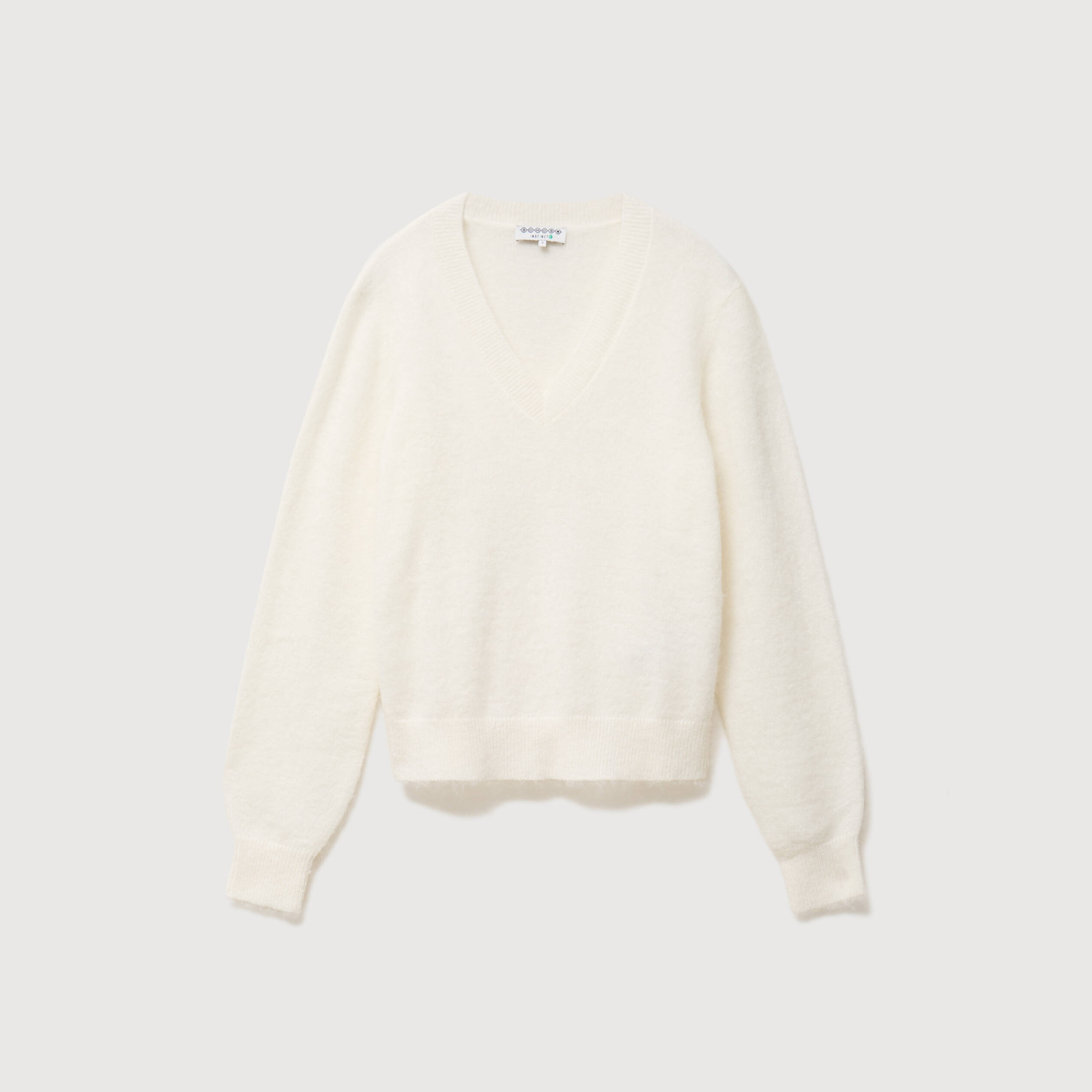 Pull droit col v manches longues ecru femme