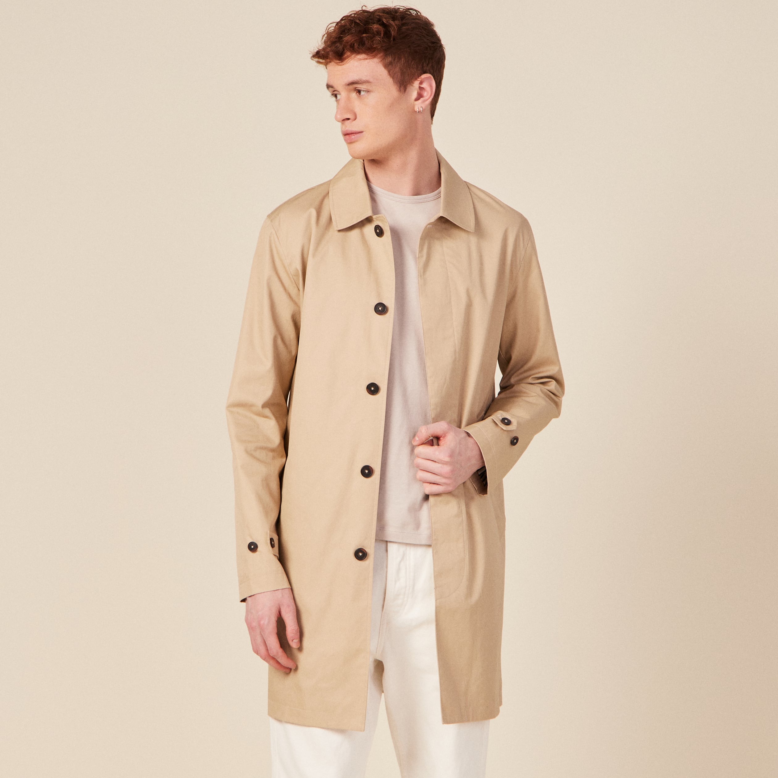 Blouson droit long en coton doubl&eacute; beige homme