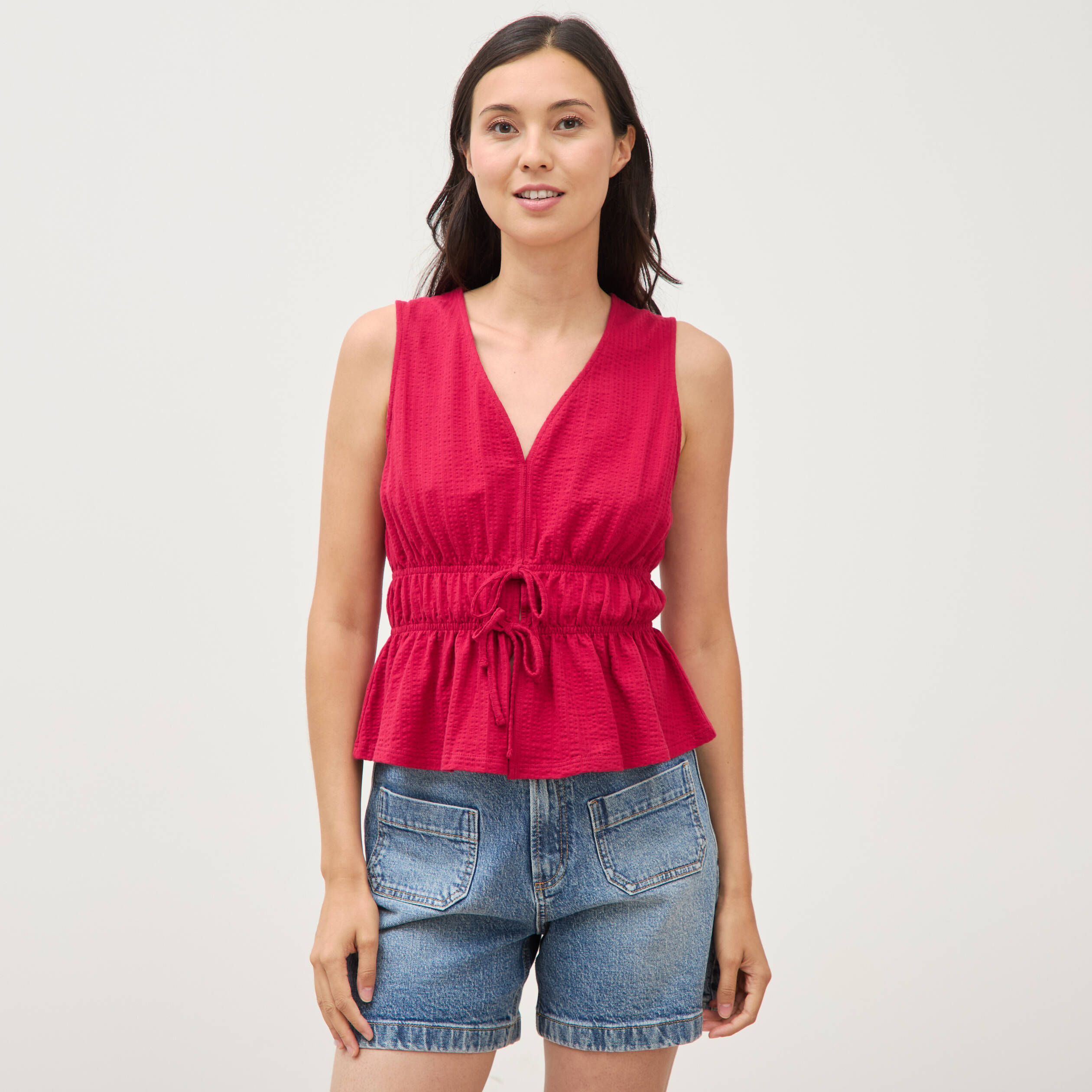 D&eacute;bardeur col v n&oelig;uds en coton rouge clair femme
