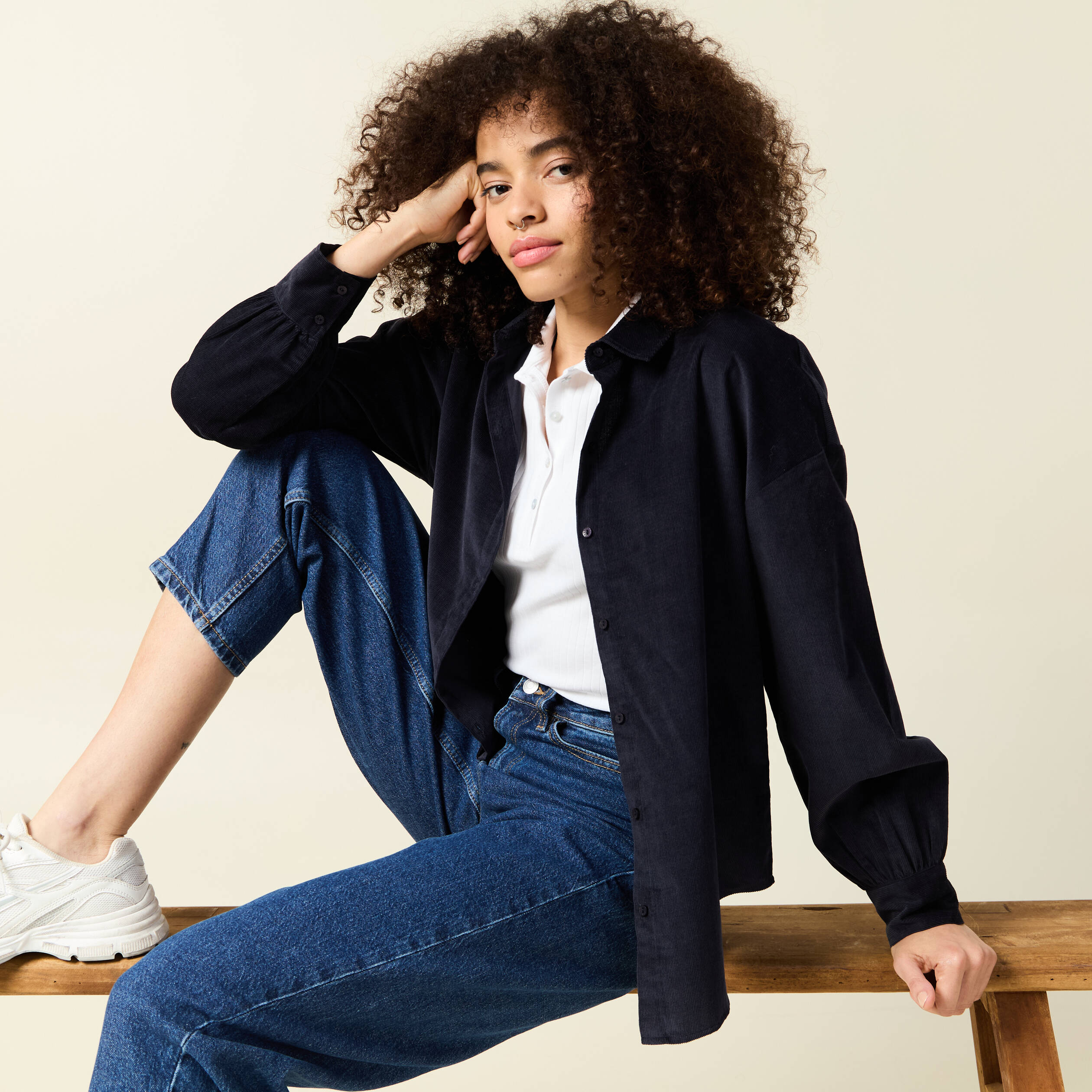 Chemise oversize manches longues velours bleu foncé femme Vibs