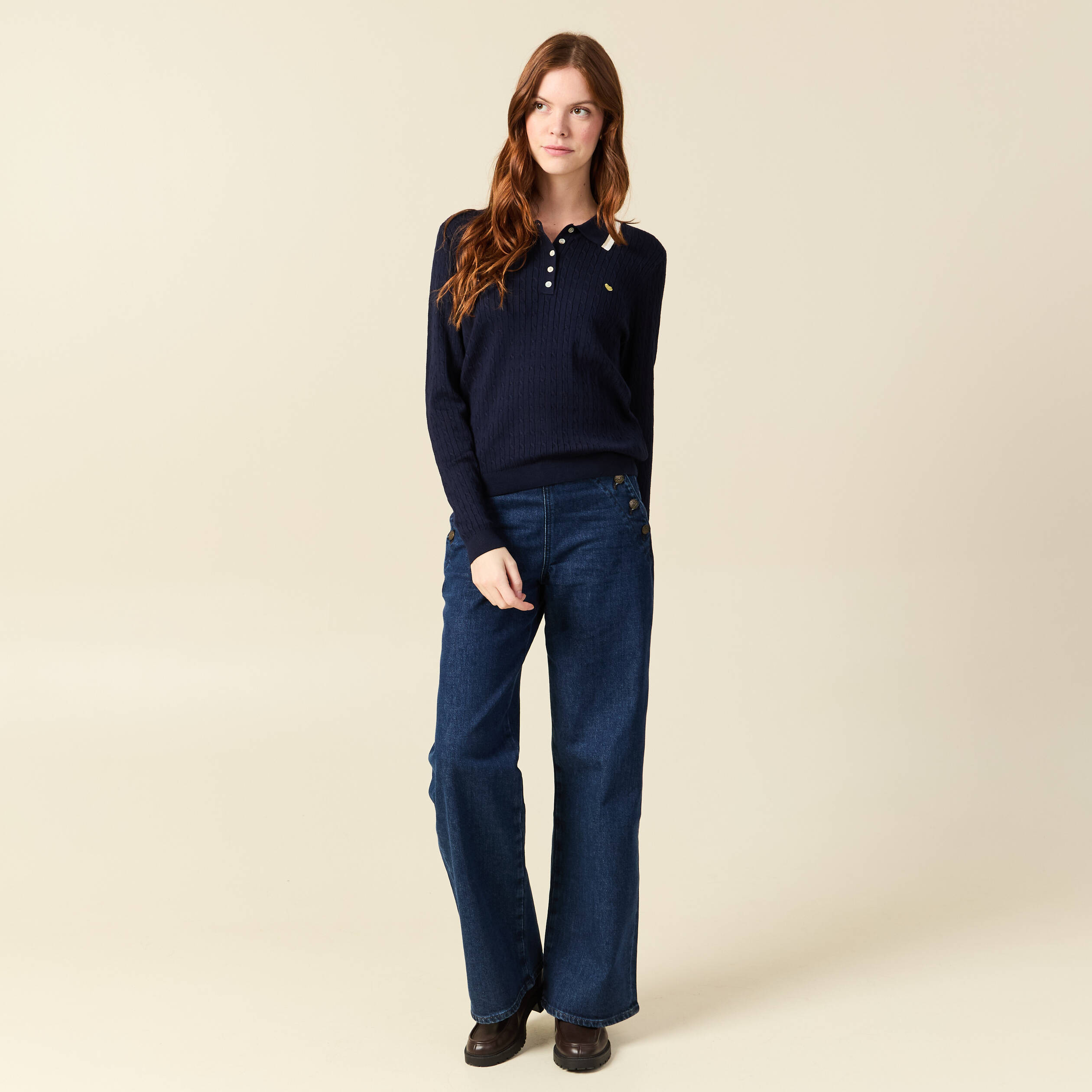 Polo avec torsade et c&oelig;ur brod&eacute; bleu marine femme
