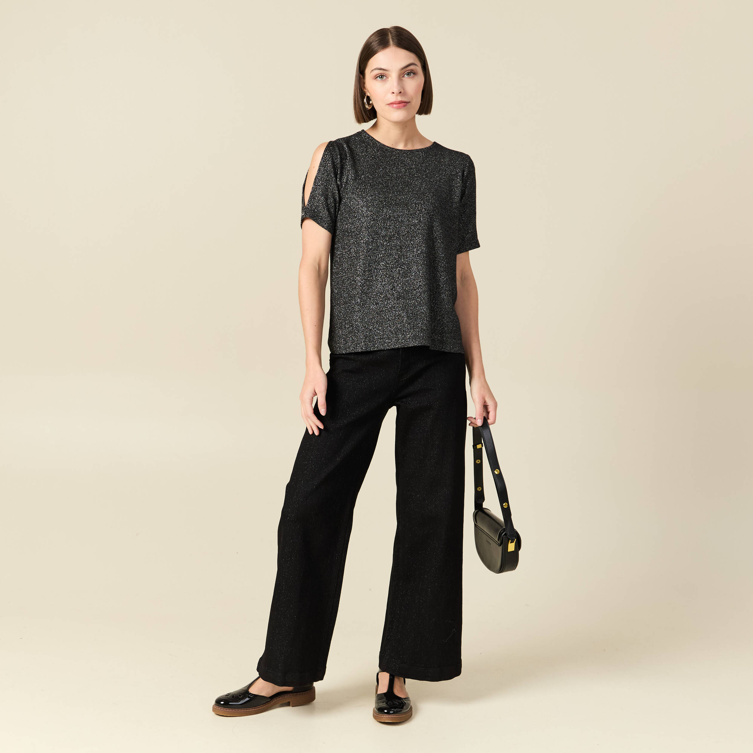 T-shirt manches courtes brillant noir femme