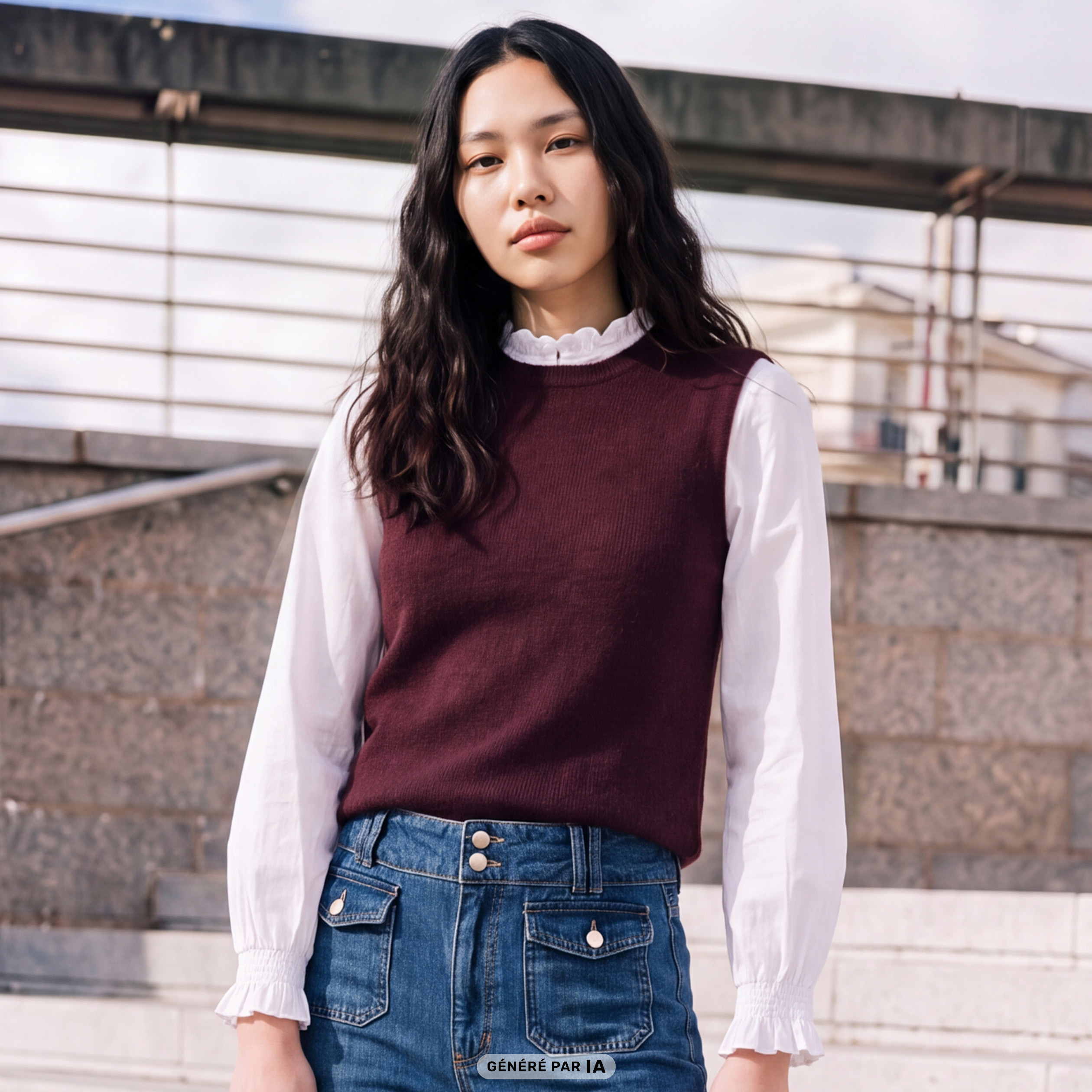 Pull 2 en 1 col rond manches longues marron femme