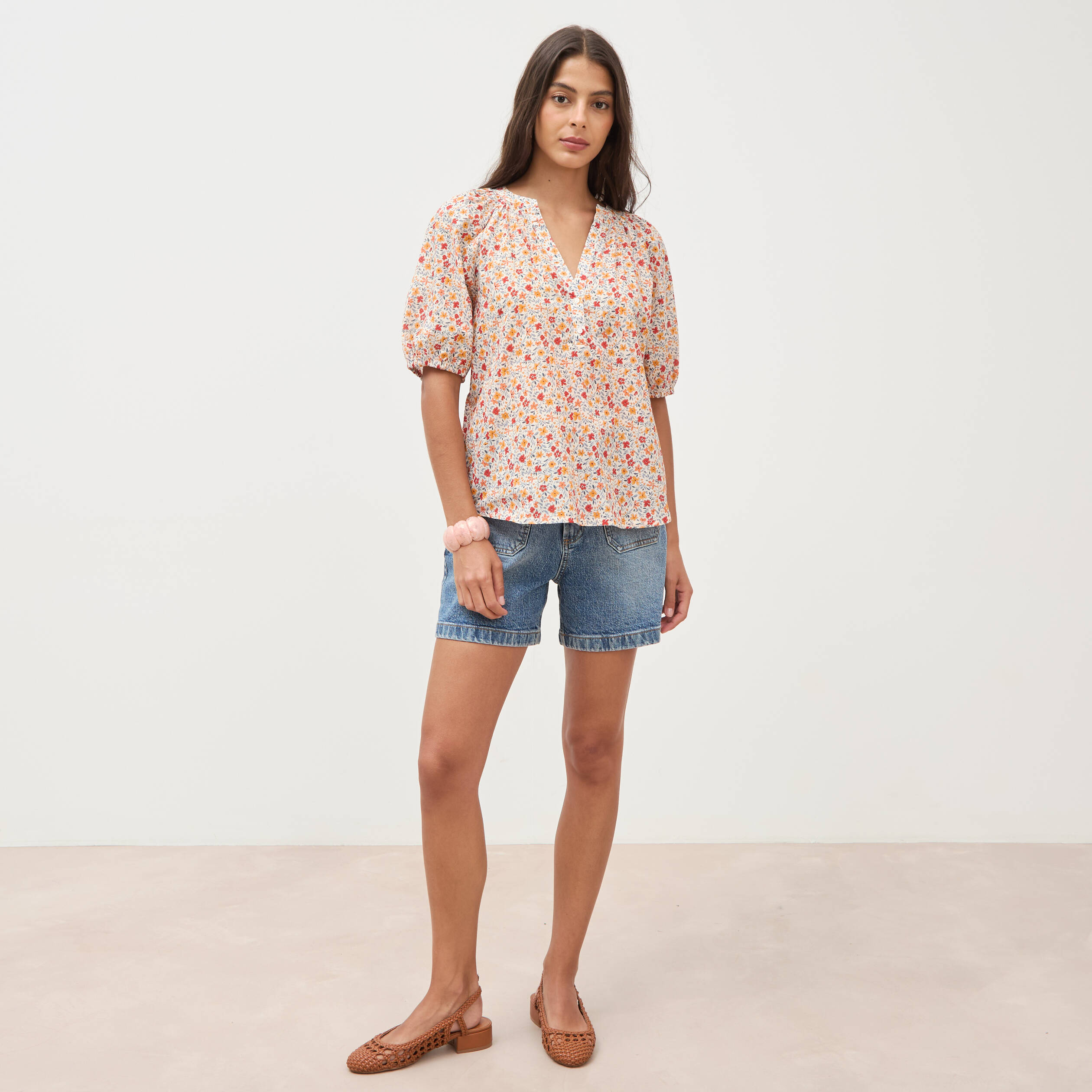 Blouse droite en coton manches courtes orange fonc&eacute; femme