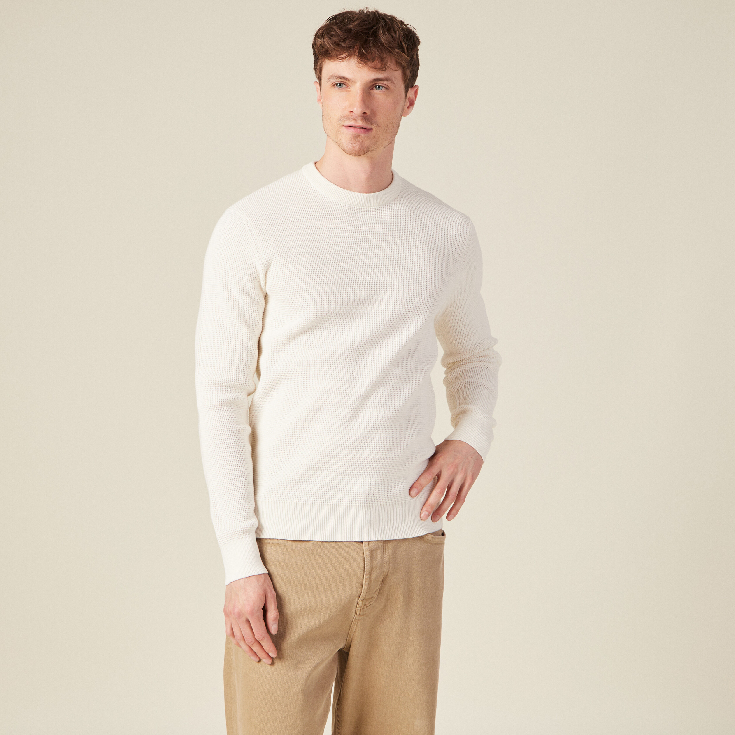 Pull manches longues col rond ecru homme