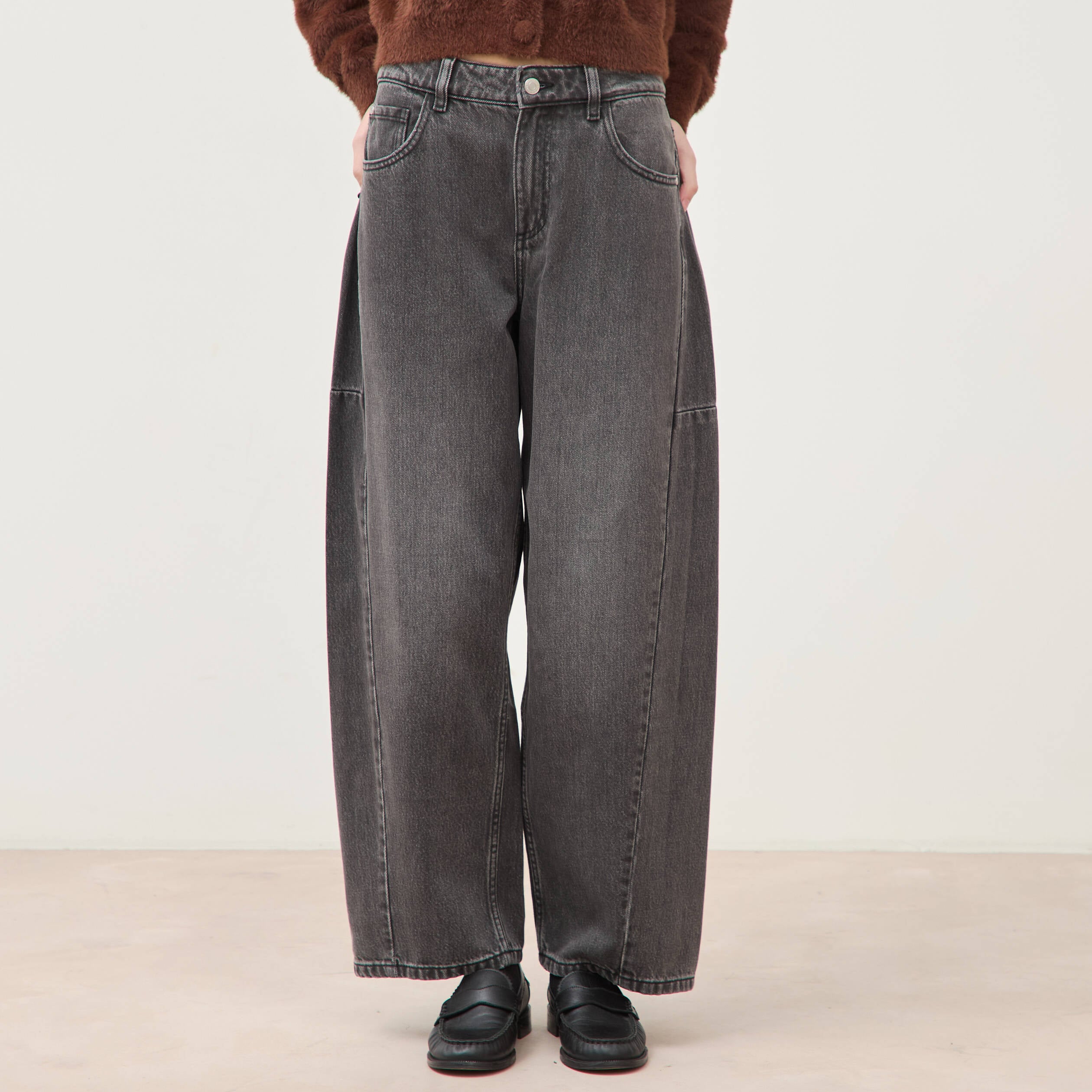 Jeans barrel taille standard denim gris femme
