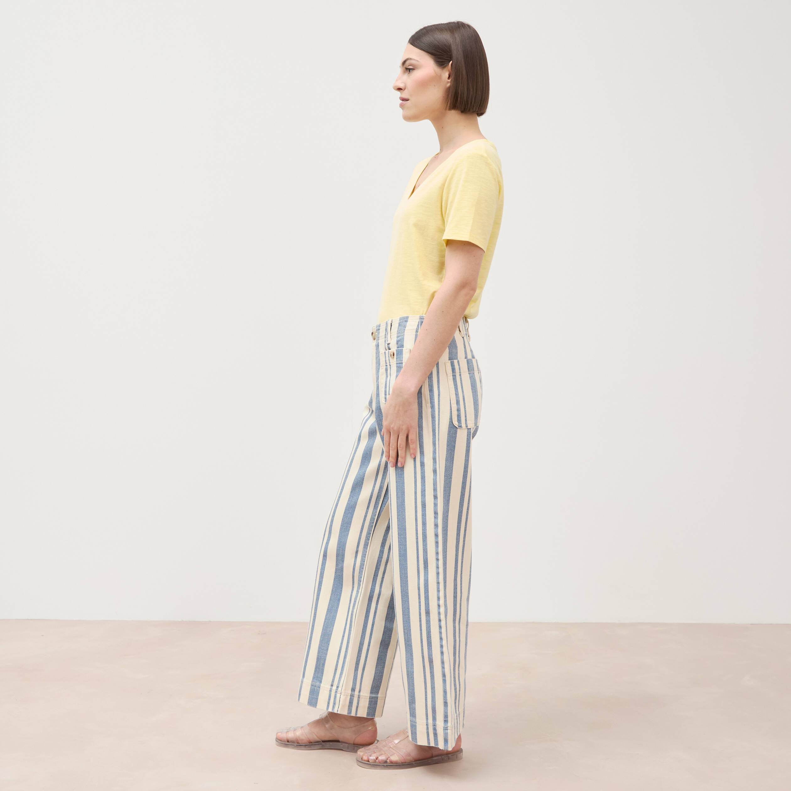 Jeans large cropped taille haute ray&eacute; bleu ciel femme