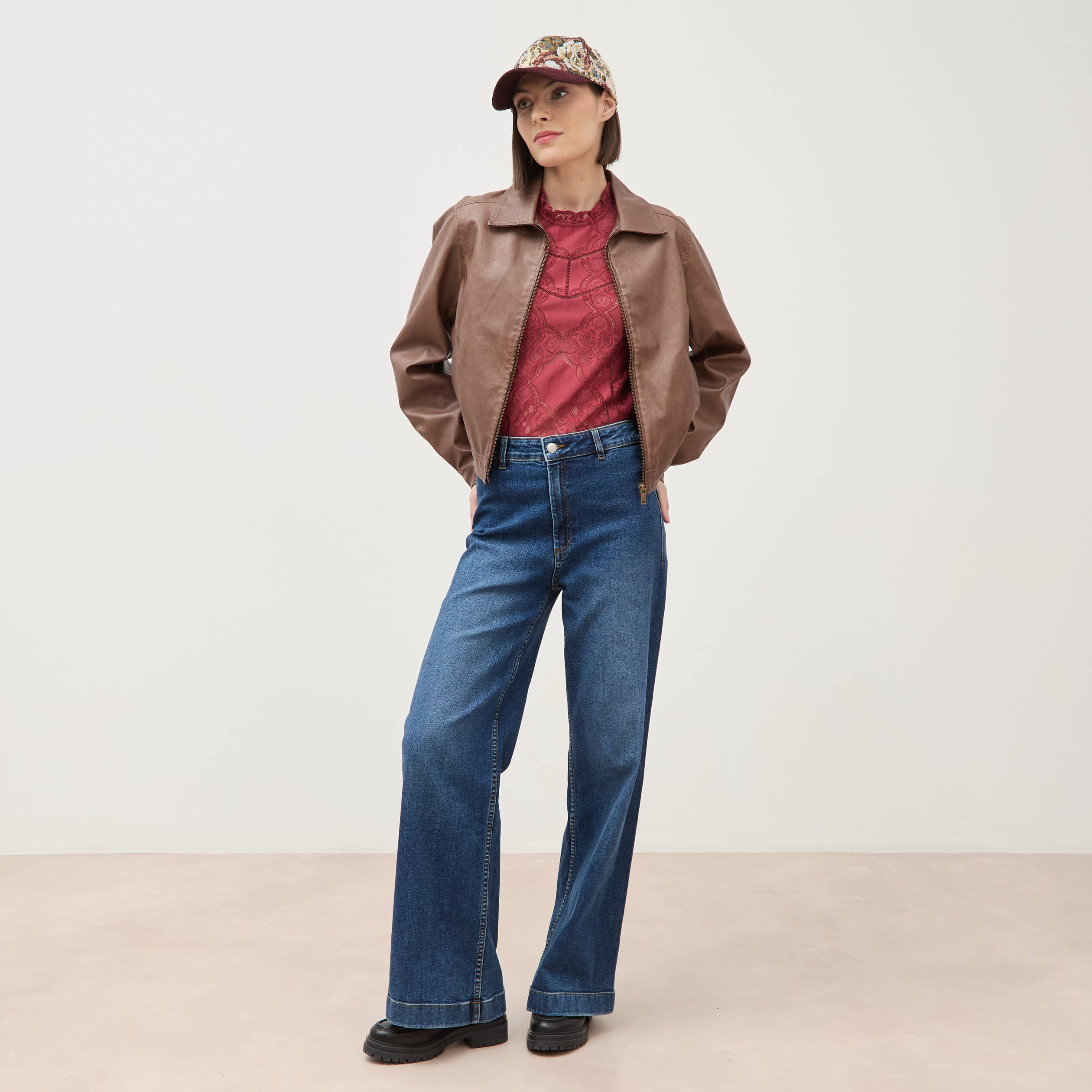 Blouson manches longues similicuir marron femme