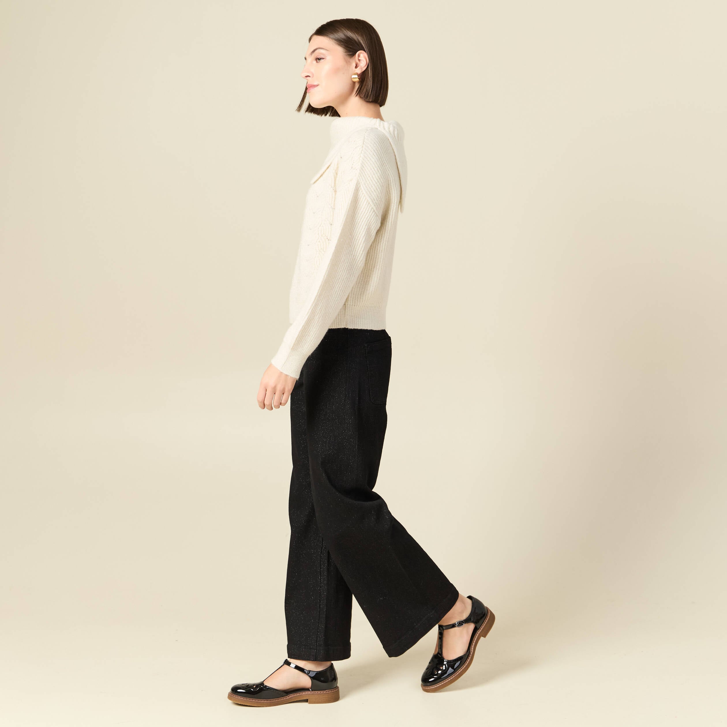 Pull ajour&eacute; manches longues bardot ecru femme